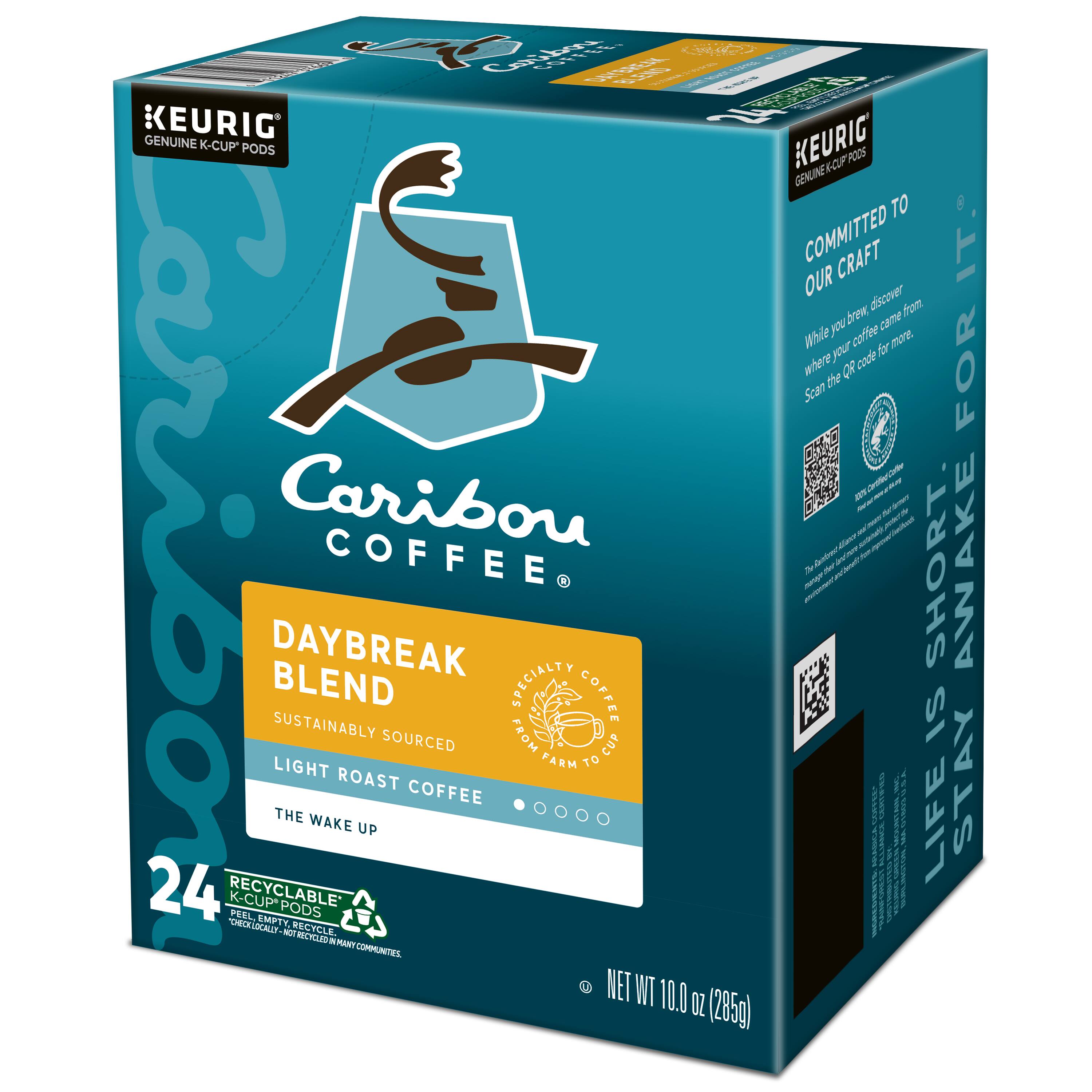 Caribou Coffee is a brand of coffee that is made by Keurig. The box of coffee is a 24-count box of Caribou Coffee Daybreak Blend K-Cup pods. The pods are sustainably sourced and recyclable. The box is made of recyclable materials and contains 24 pods. The coffee is a specialty blend and is light roasted. The box also contains a QR code that can be scanned to discover more about the coffee and its origins.