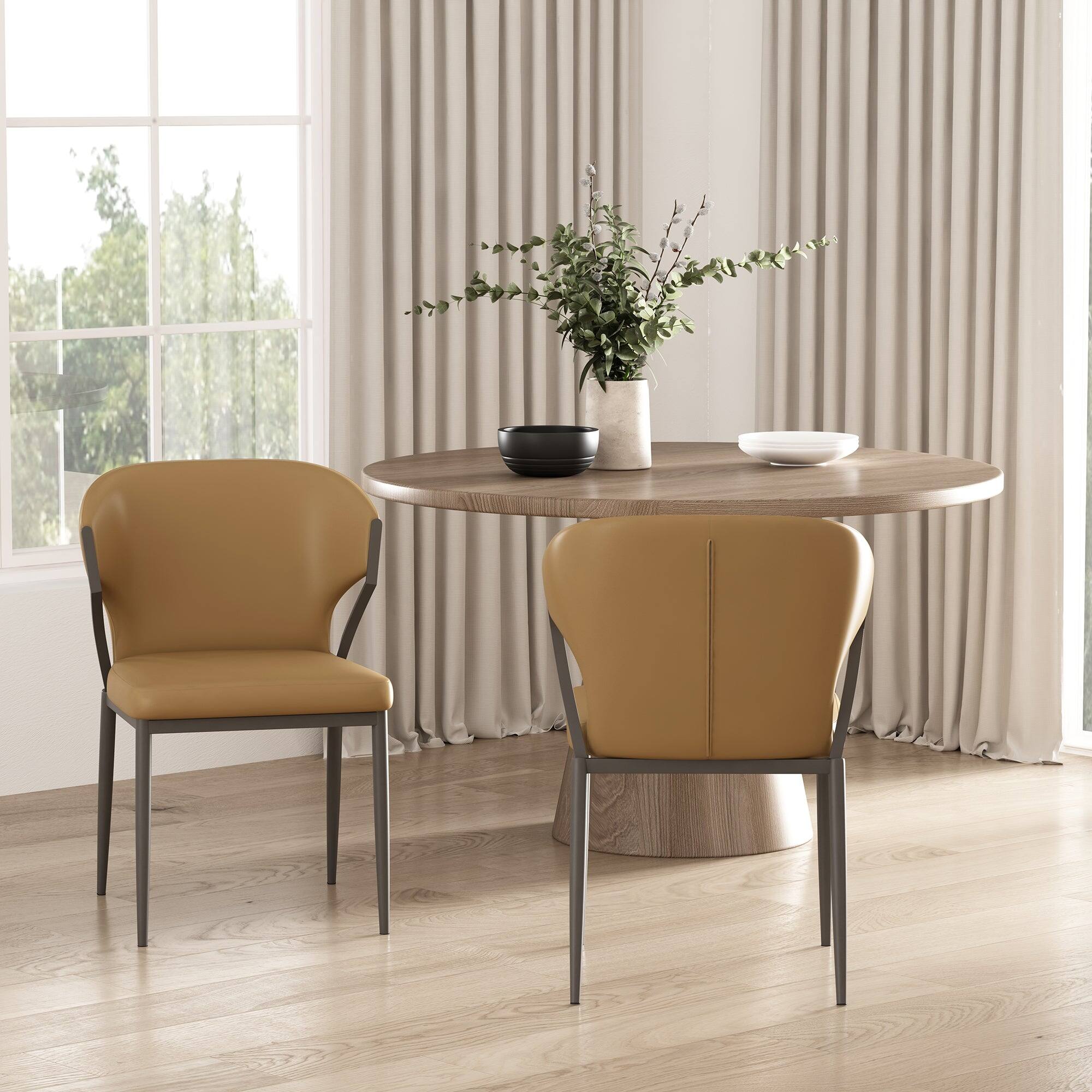 Angle. Manhattan Comfort - Kirsten Modern Metal Vegan Leather Dining Chair - Set of 2 - Camel.