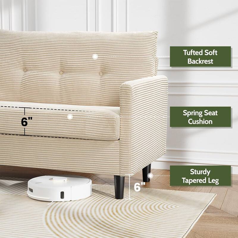 Tufted Soft Backrest, 6" Spring Seat Cushion, 6" Sturdy Tapered Legs