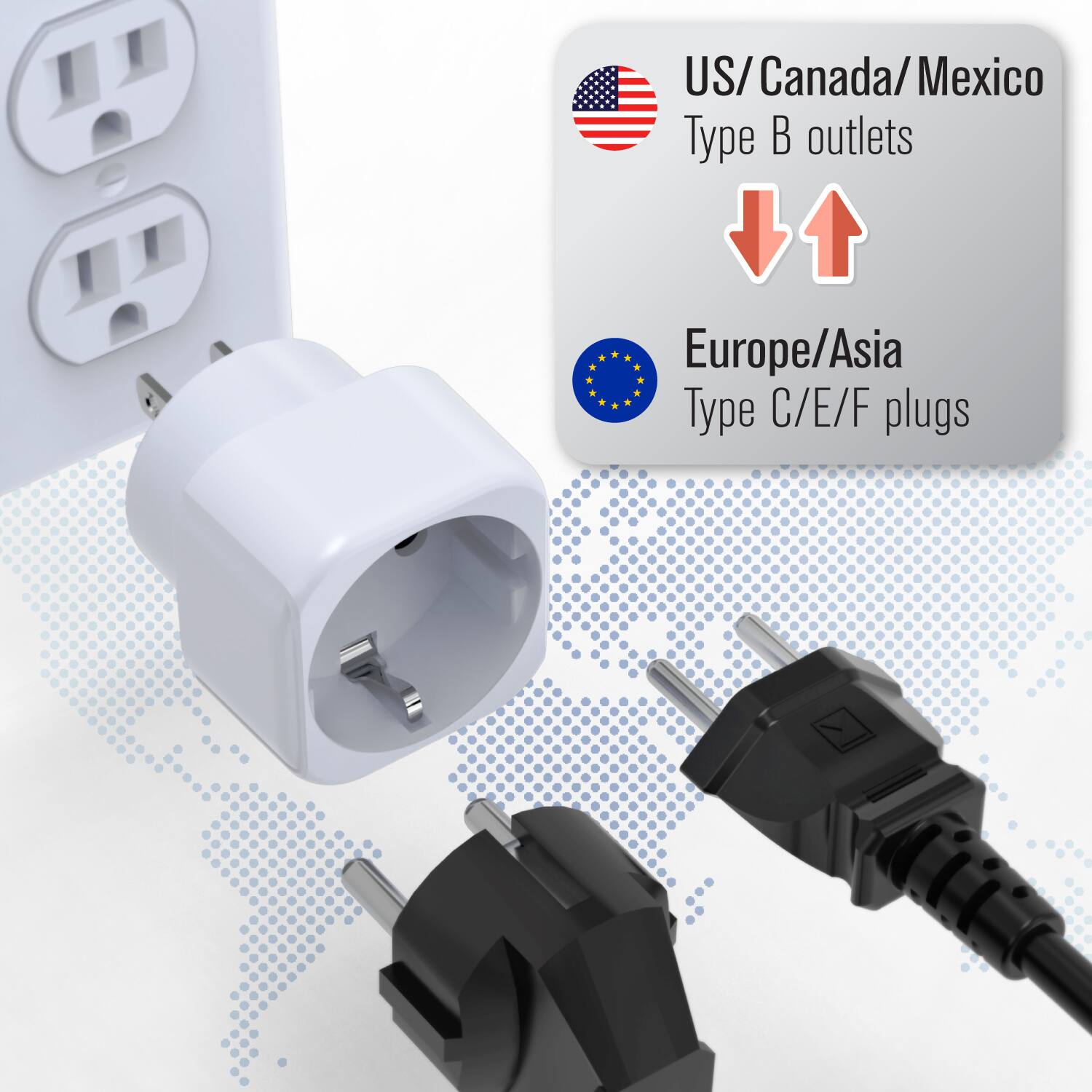 US/Canada/Mexico  
Type B outlets  

Europe/Asia  
Type C/E/F plugs