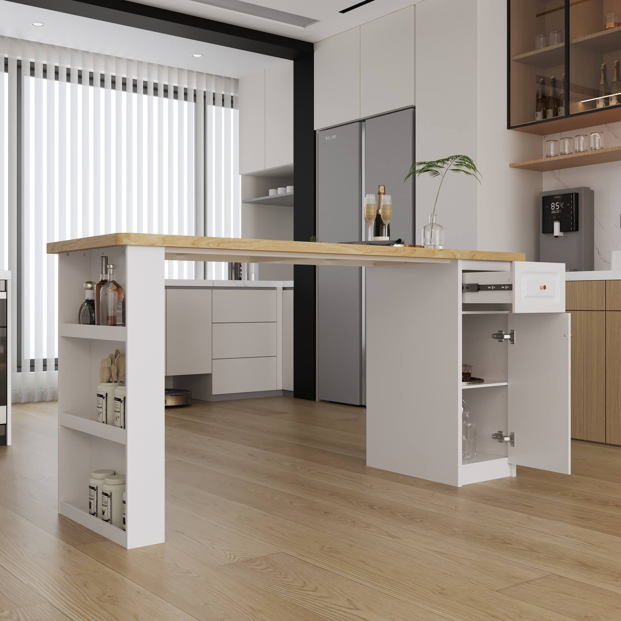 Left. Famapy - Multi-Purpose Storage Table with Drawer and Cabinet, Kitchen Island, Laundry Room Organizer, Dining Utility Table - White & Wooden.