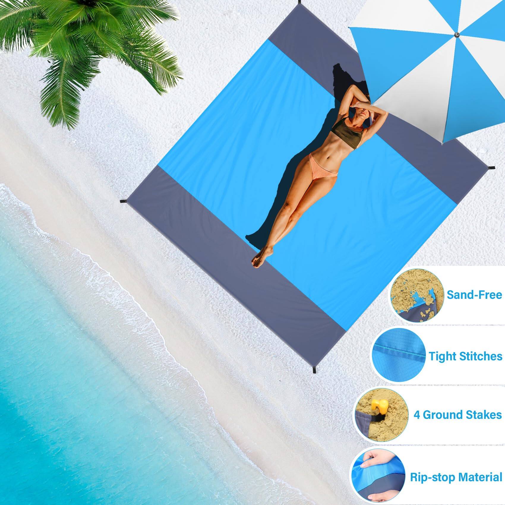 - Sand-Free
- Tight Stitches
- 4 Ground Stakes
- Rip-stop Material