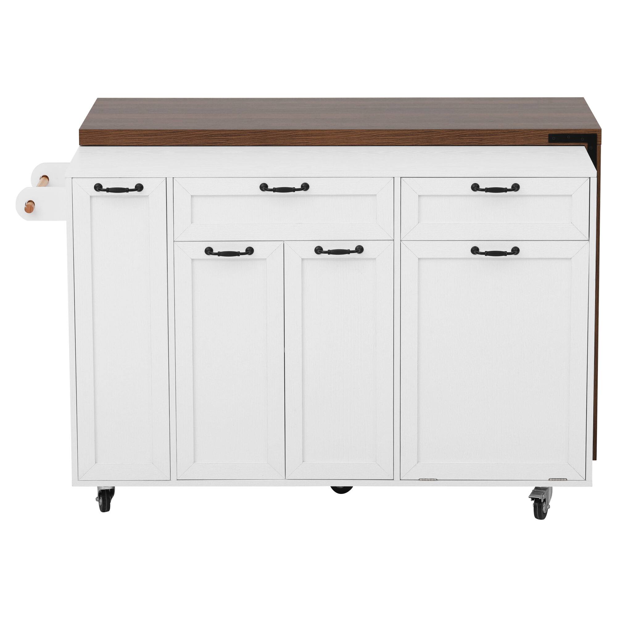 Back. Whisen - 102" Extendable Dining Table, Rolling Island Cart with Trash Storage & Spice Rack for Dining Room - White.