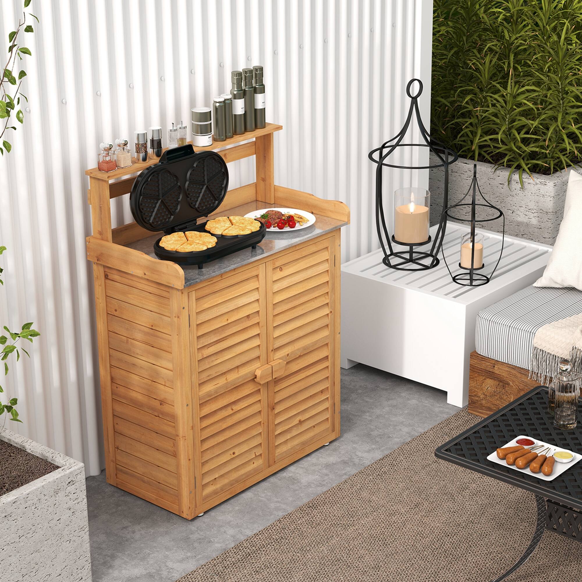 Alt View 4. Costway - Costway Outdoor Potting Bench with Galvanized Metal Countertop 3 Hanging Hooks Natural - Brown.