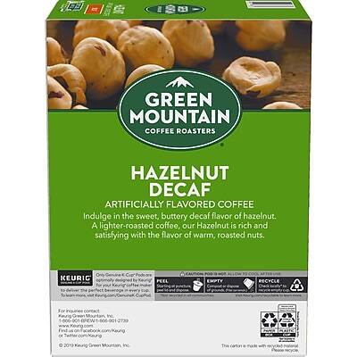 GREEN MOUNTAIN COFFEE ROASTERS  
HAZELNUT DECAF  
ARTIFICIALLY FLAVORED COFFEE  

Indulge in the sweet, buttery decaf flavor of hazelnut. A lighter-roasted coffee, our Hazelnut is rich and satisfying with the flavor of warm, roasted nuts.  

KEURIG  
Only Keurig Cup Products  
For more info, visit www.keurig.com or call 1-800-837-5737  

PEEL  
EMPTY  
ALLOW TO DRY  
RECYCLE  

Check for Keurig Green Mountain Inc.  
Find us on  

©2019 Keurig Green Mountain Inc.  
The carton is made with 100% recycled paperboard.  
Please recycle.