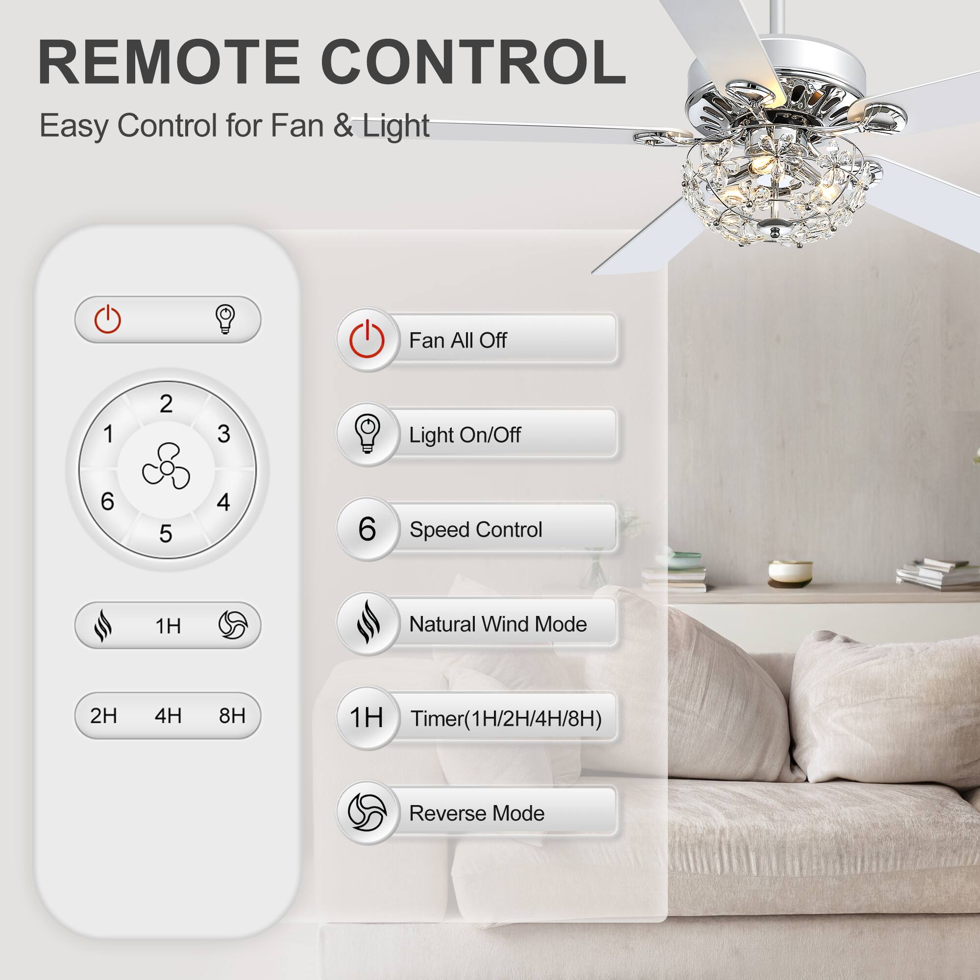 REMOTE CONTROL  
Easy Control for Fan & Light

- Fan All Off
- Light On/Off
- Speed Control
- Natural Wind Mode
- Timer (1H/2H/4H/8H)
- Reverse Mode