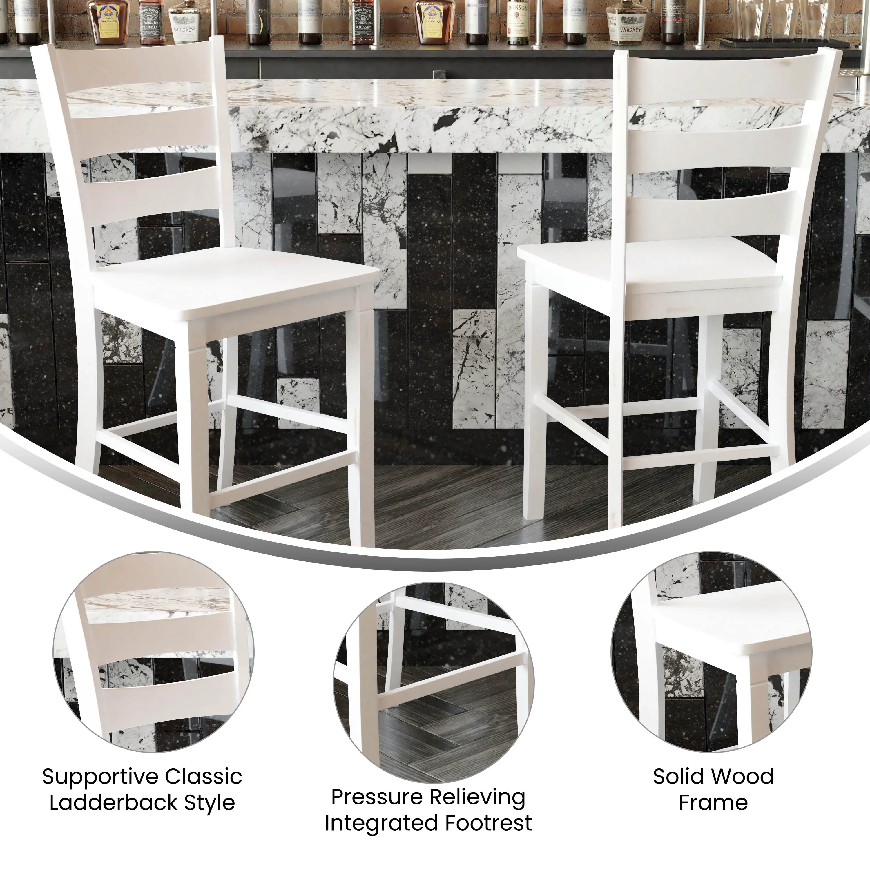 Supportive Classic Ladderback Style  
Pressure Relieving Integrated Footrest  
Solid Wood Frame