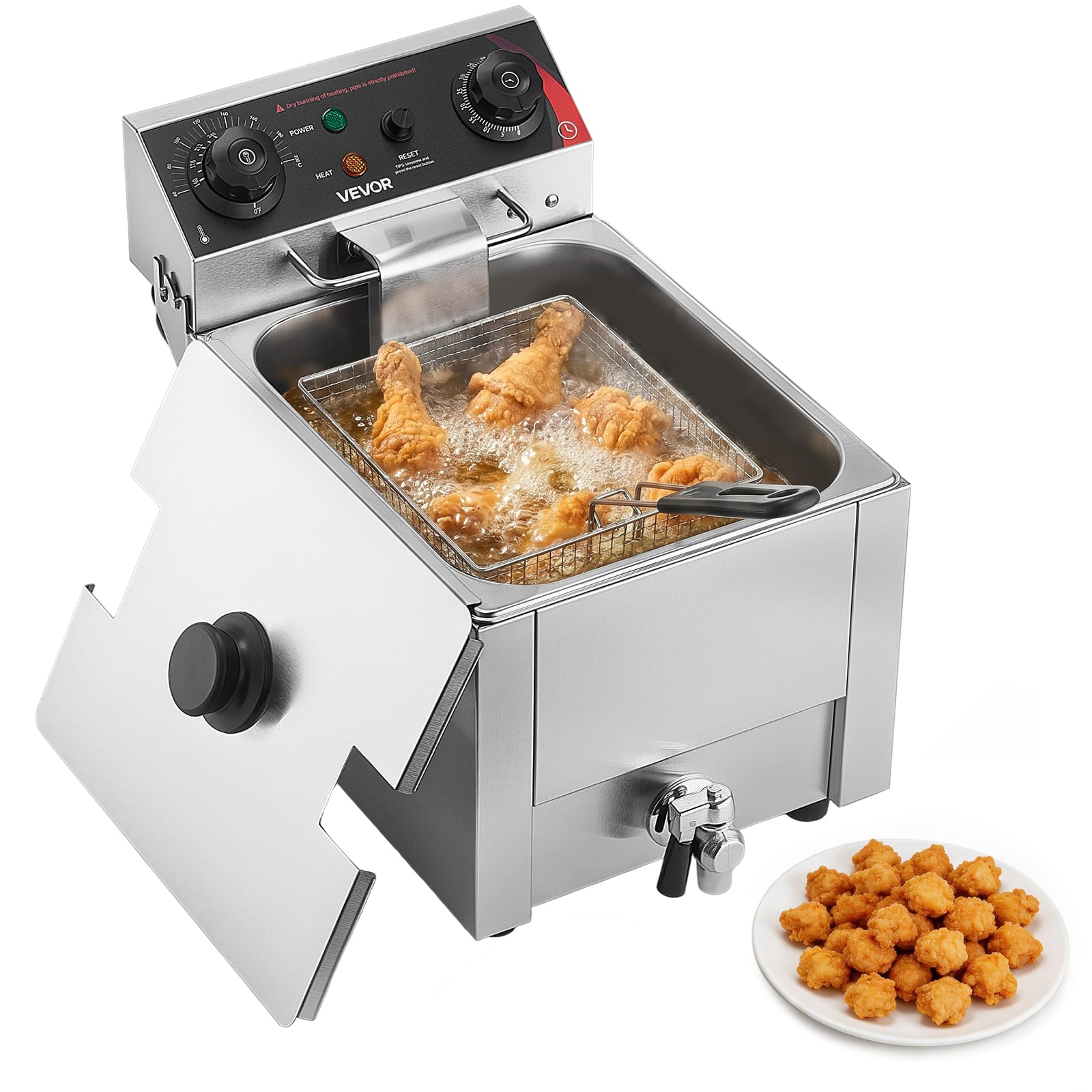 VEVOR - Commercial Electric Deep Fryer, Oil Filtration Upgrade, 9.51 Qt, 1750W Stainless Steel Countertop Fryer with Basket - Silver