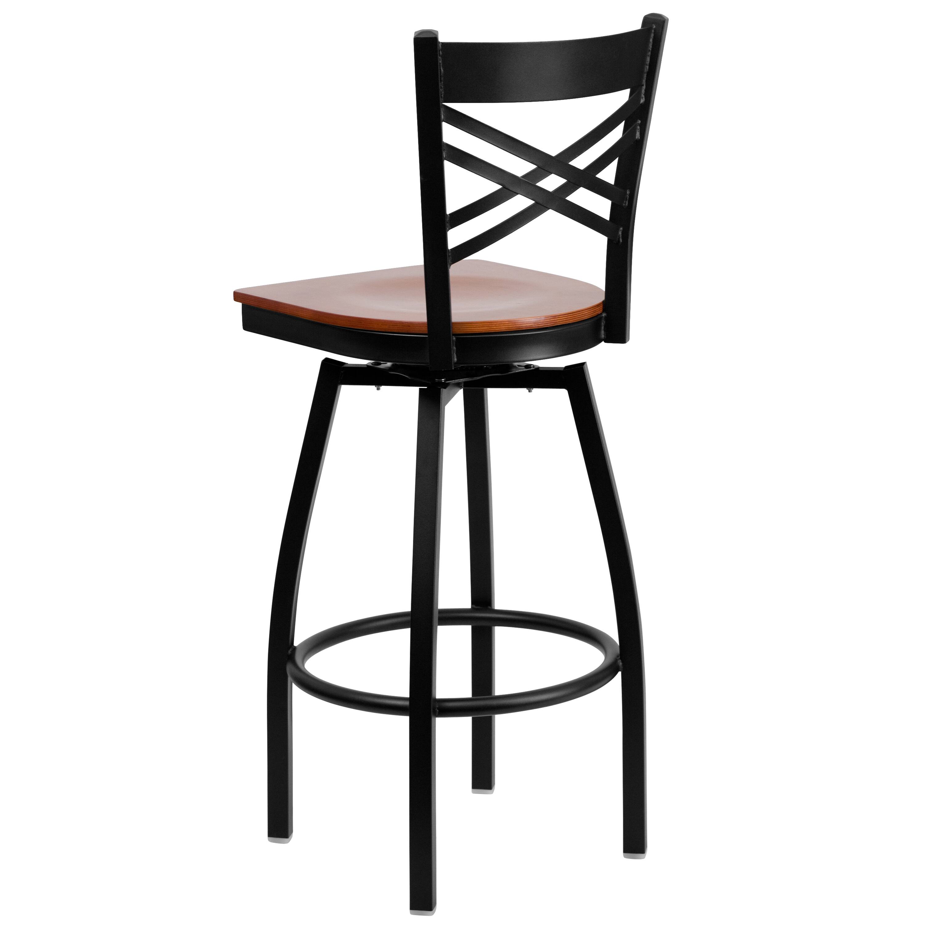 Alt View 4. Emma + Oliver - 2 Pack "X" Back Swivel Metal Barstool - Cherry Wood Seat/Black Metal Frame.