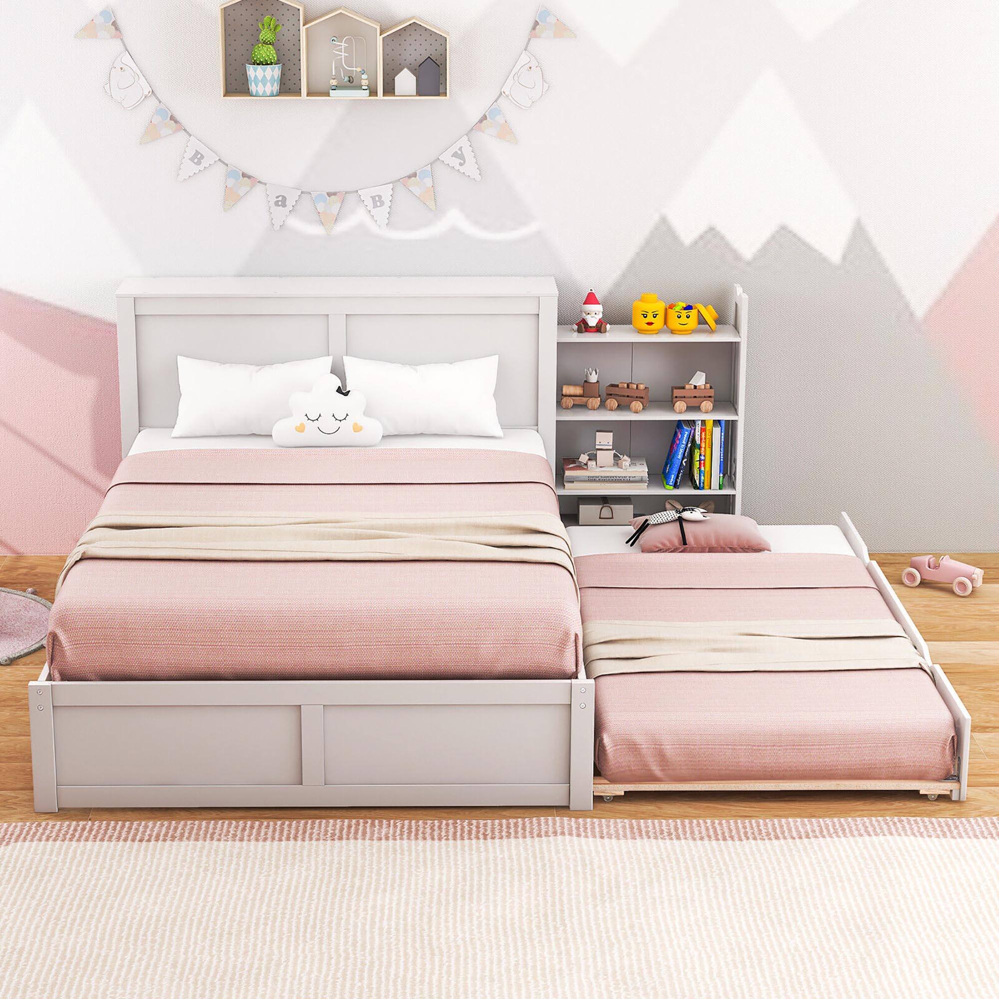 Alt View 1. Gymax - Gymax Full Wooden Platform Bed with Trundle Storage Headboard Pull Out Shelves White - White.