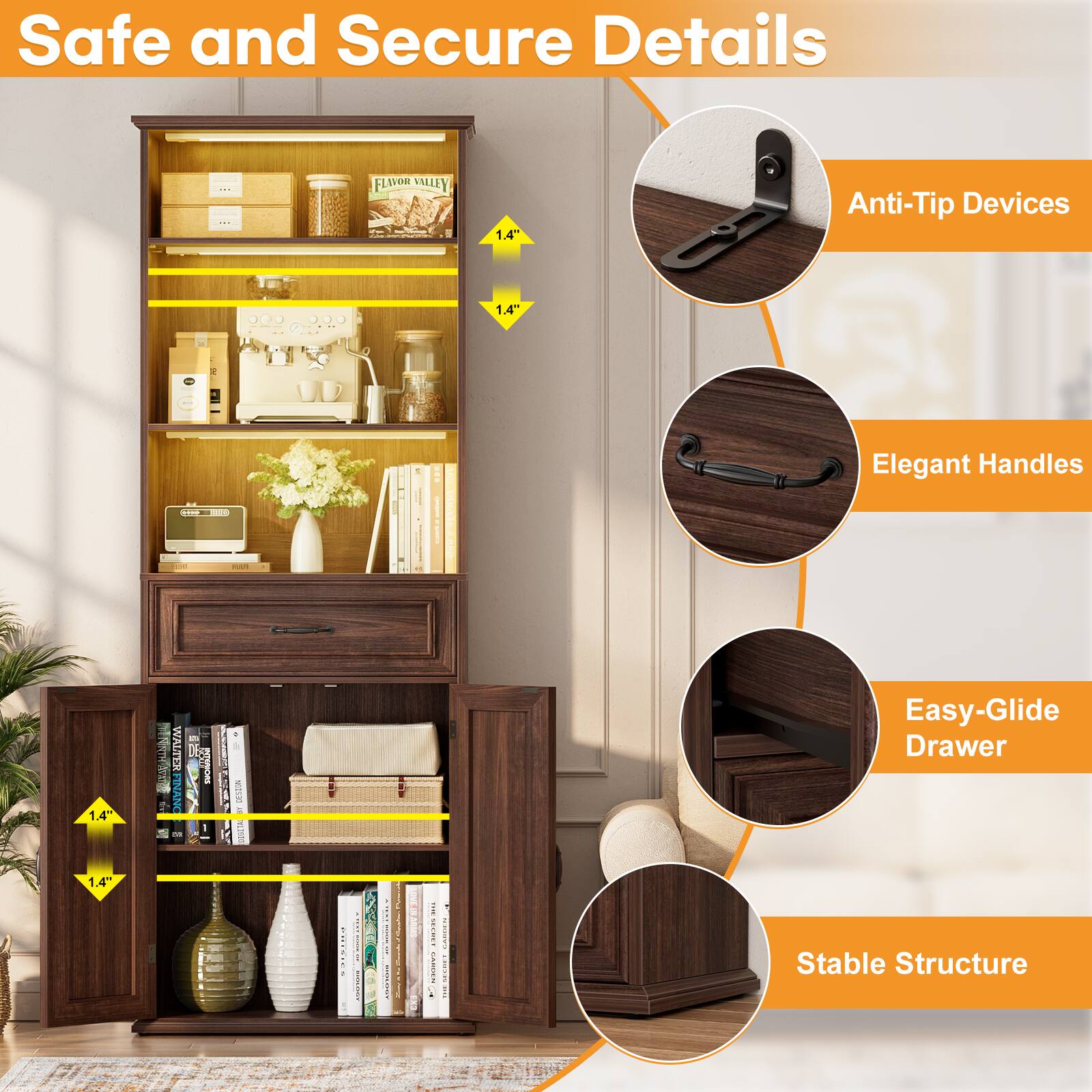 Safe and Secure Details

- FLAVOR VALLEY 1.4" Anti-Tip Devices
- 1.4" Elegant Handles
- 1.4" Easy-Glide Drawer
- Stable Structure
