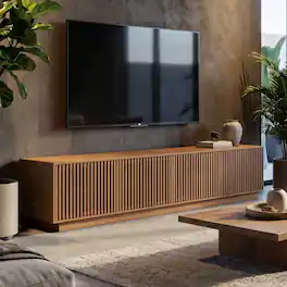 luck idea - Slatted Wood TV Stand, 86.61 Inch Low‑Profile Media Console with Storage Cabinets for TVs Up to 85 Inch - Brown