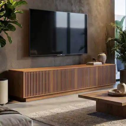 Front. luck idea - Slatted Wood TV Stand, 86.61 Inch Low‑Profile Media Console with Storage Cabinets for TVs Up to 85 Inch - brown.