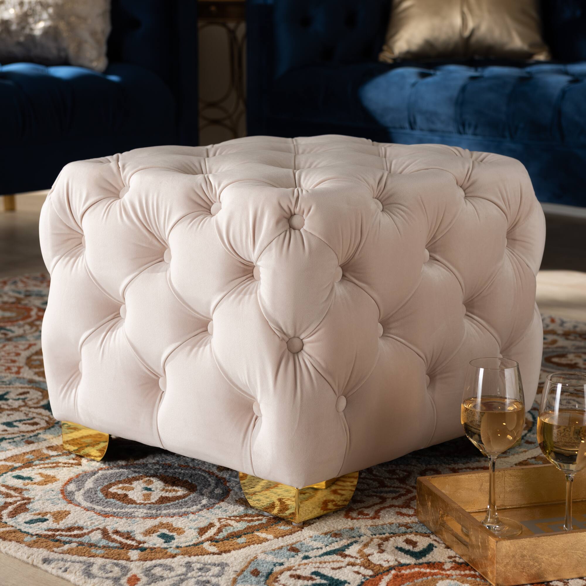 Alt View 1. Baxton Studio - Avara Glam and Luxe Velvet Fabric Upholstered Gold Finished Button Tufted Ottoman - Light Beige/Gold.
