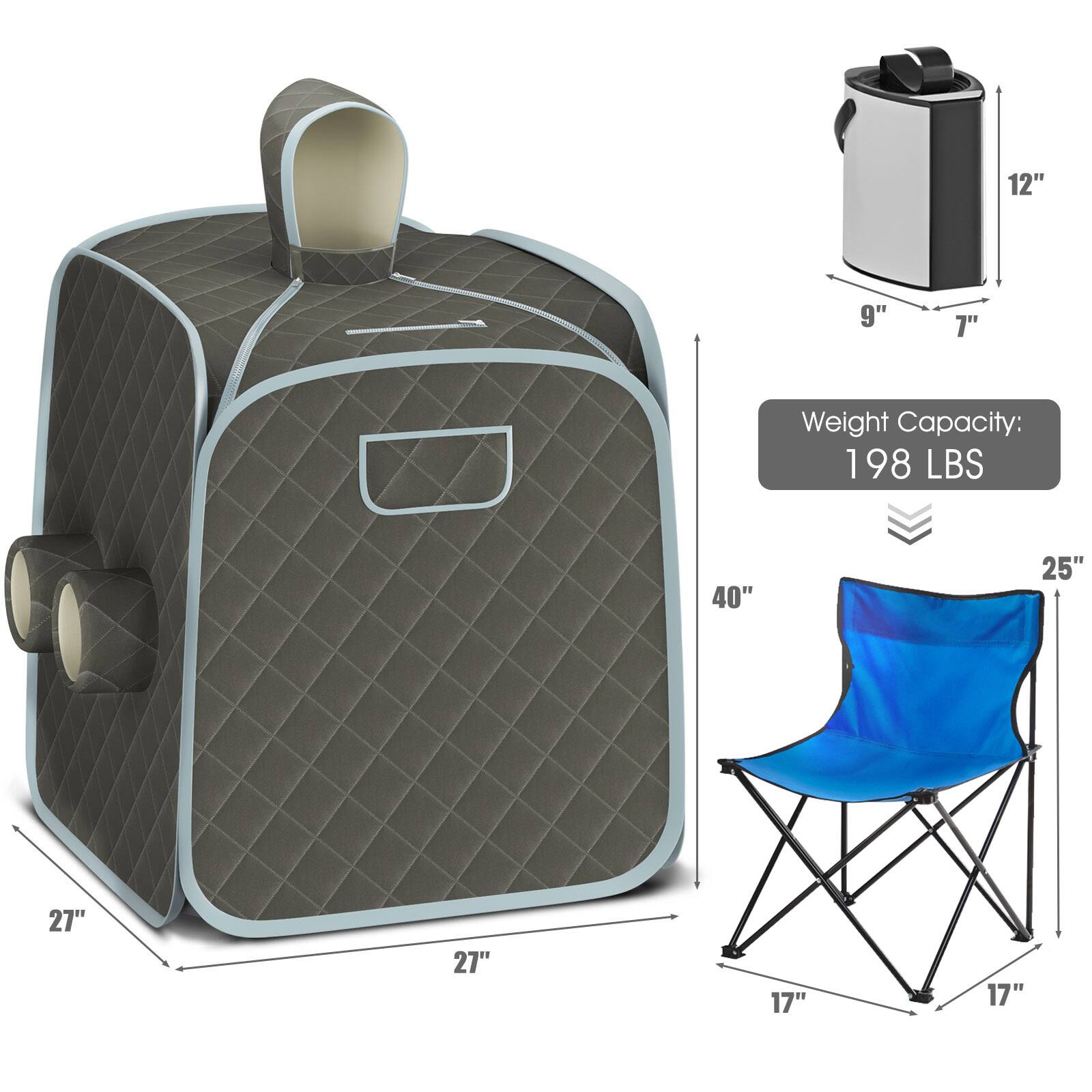 The image features a blue chair with a weight capacity of 198 lbs. The chair is accompanied by a grey and blue backpack, which has a weight capacity of 198 lbs as well. The backpack is shown in various sizes, including a small backpack and a large backpack. The image also includes a blue chair with a weight capacity of 198 lbs, and a blue chair with a weight capacity of 198 lbs.