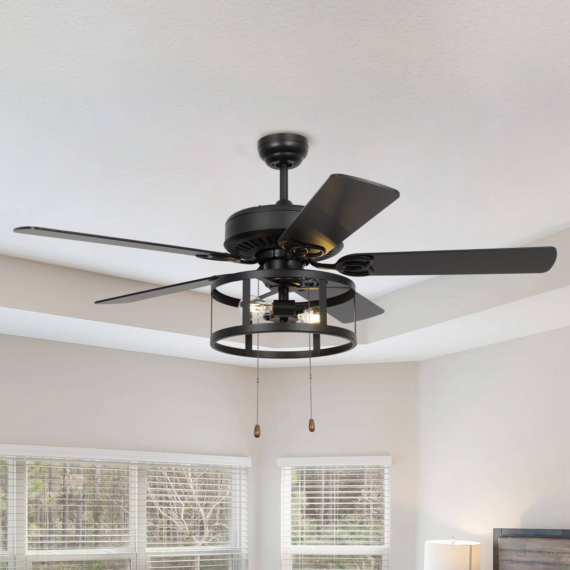Angle. Parrot Uncle - 52" Industrial 2-Light Blacke Ceiling Fan with Pull Chain Control - Black.
