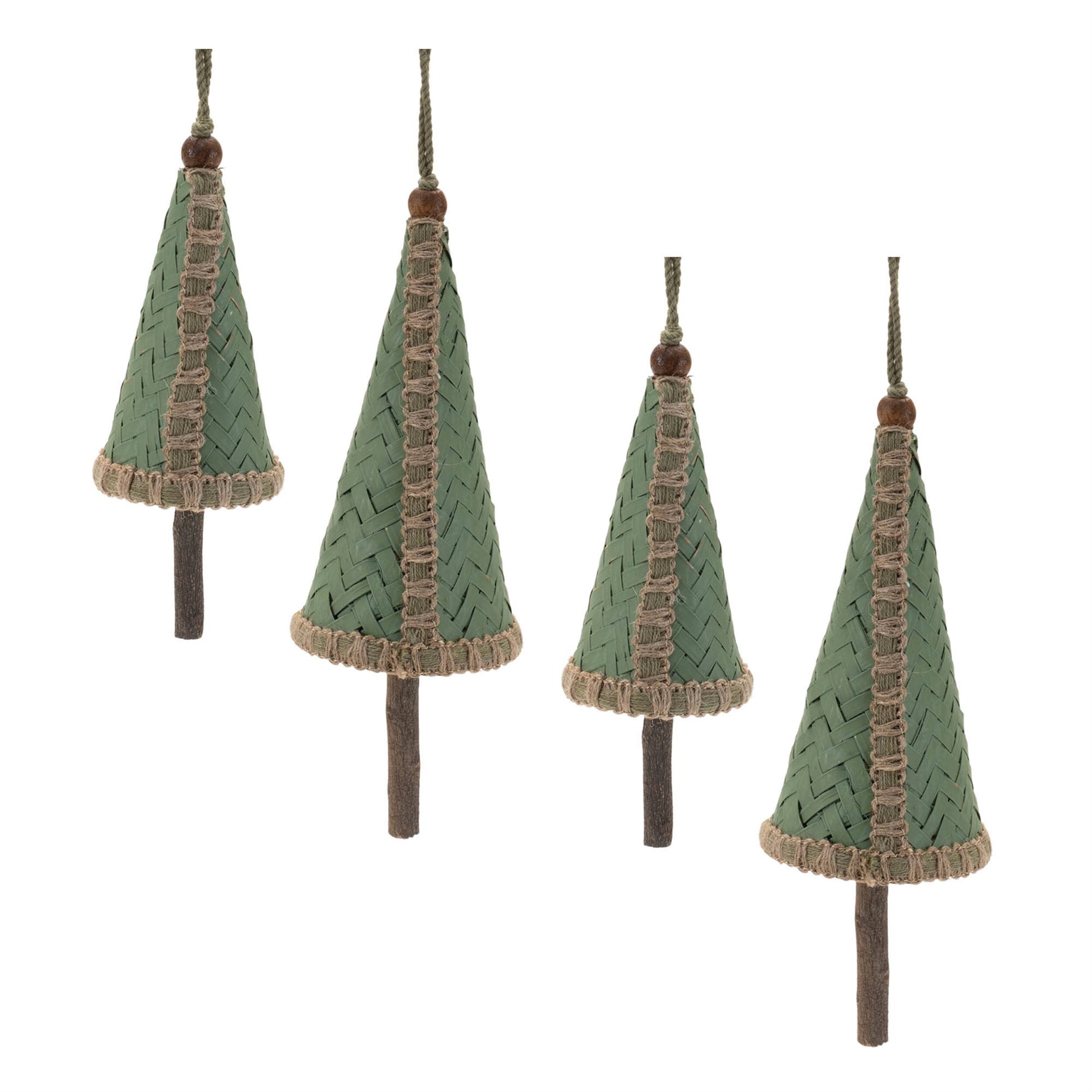 Alt View 4. BreeBe - Woven Bamboo Pine Tree Ornament (Set of 4) - Green, Beige.