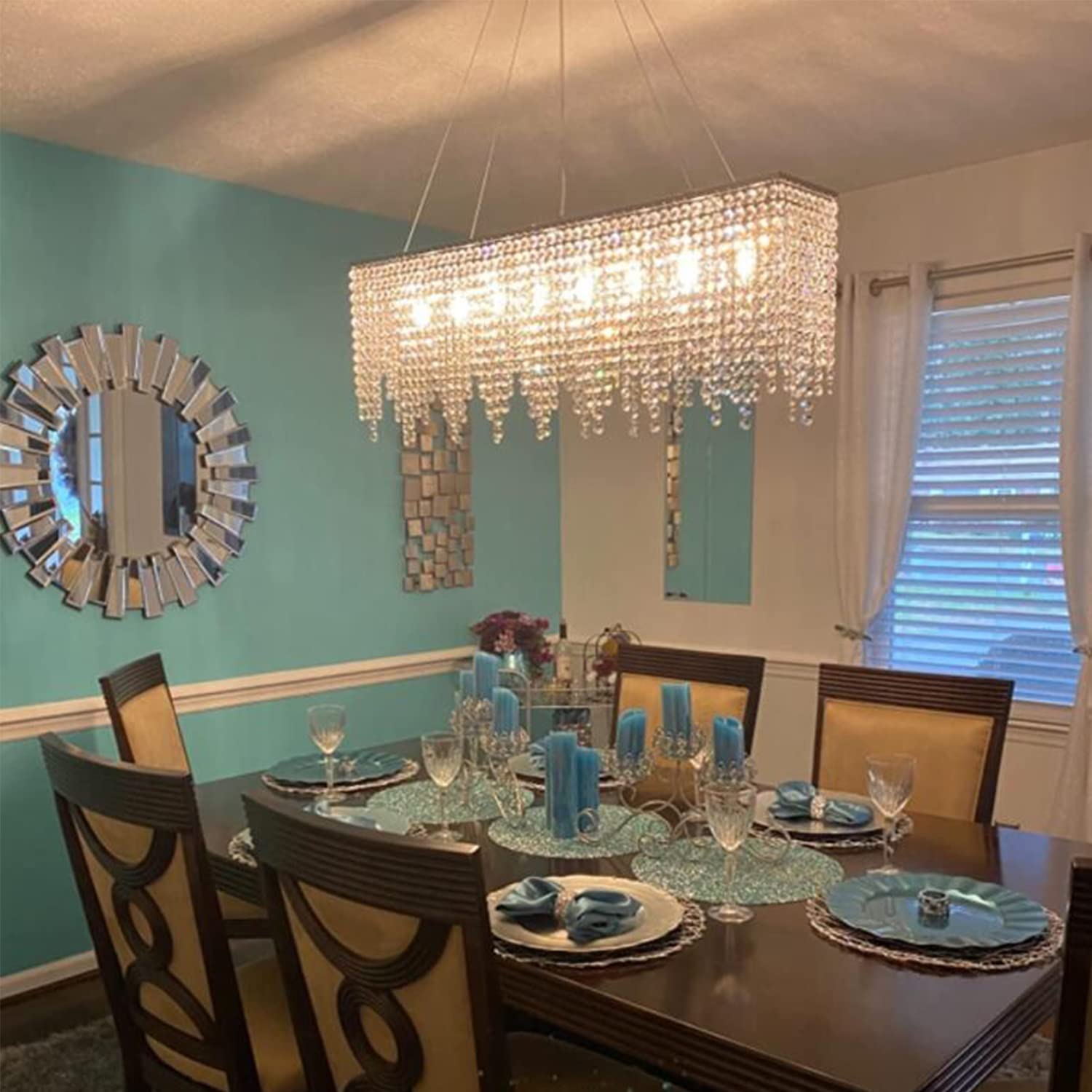 Siljoy - 10 Light Rectangle Crystal Chandelier Ideal for Dining Room & Kitchen Island Pendant Lighting - Silver