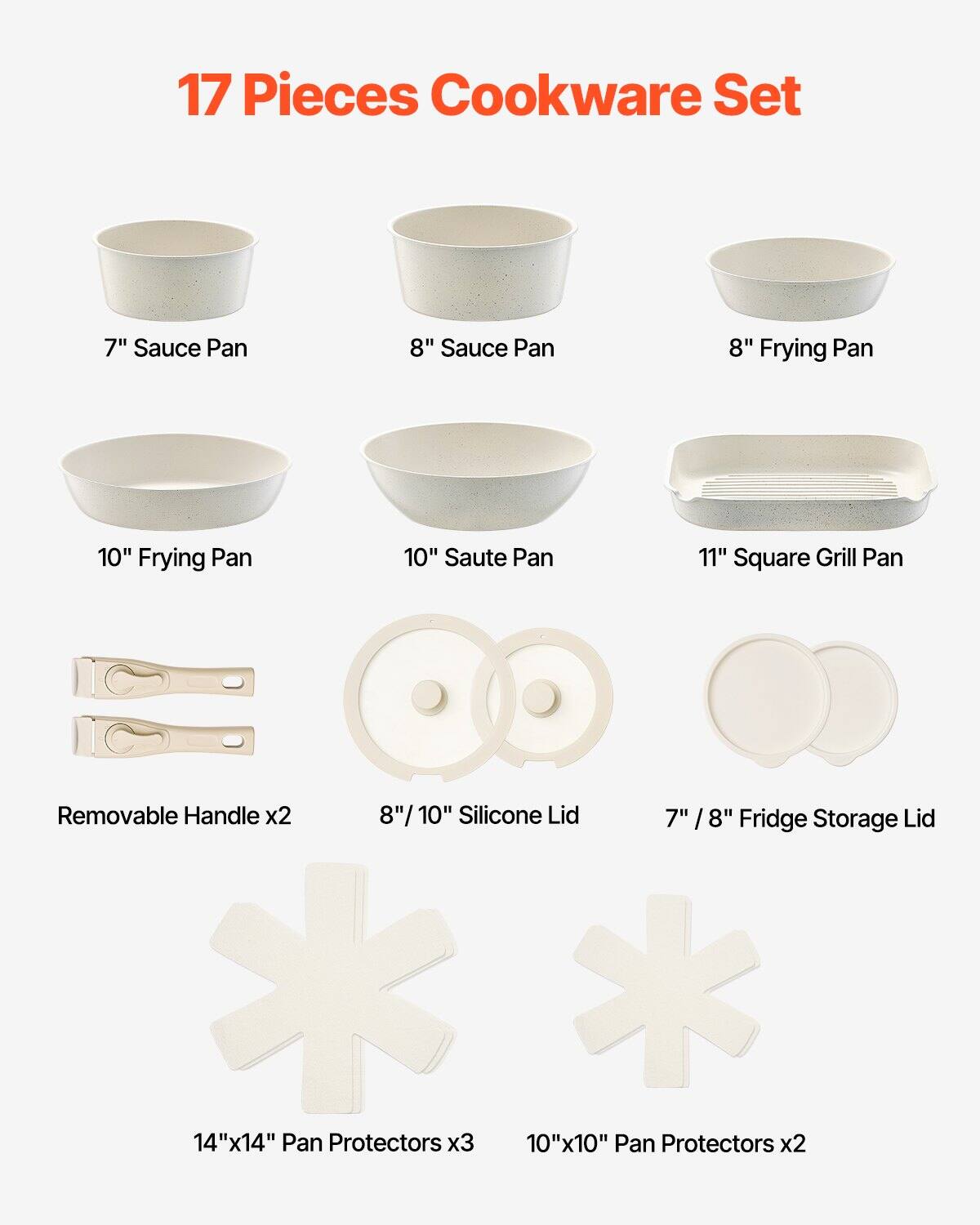 17 Pieces Cookware Set

- 7" Sauce Pan
- 8" Sauce Pan
- 8" Frying Pan
- 10" Frying Pan
- 10" Saute Pan
- 11" Square Grill Pan
- Removable Handle x2
- 8"/10" Silicone Lid
- 7"/8" Fridge Storage Lid
- 14"x14" Pan Protectors x3
- 10"x10" Pan Protectors x2