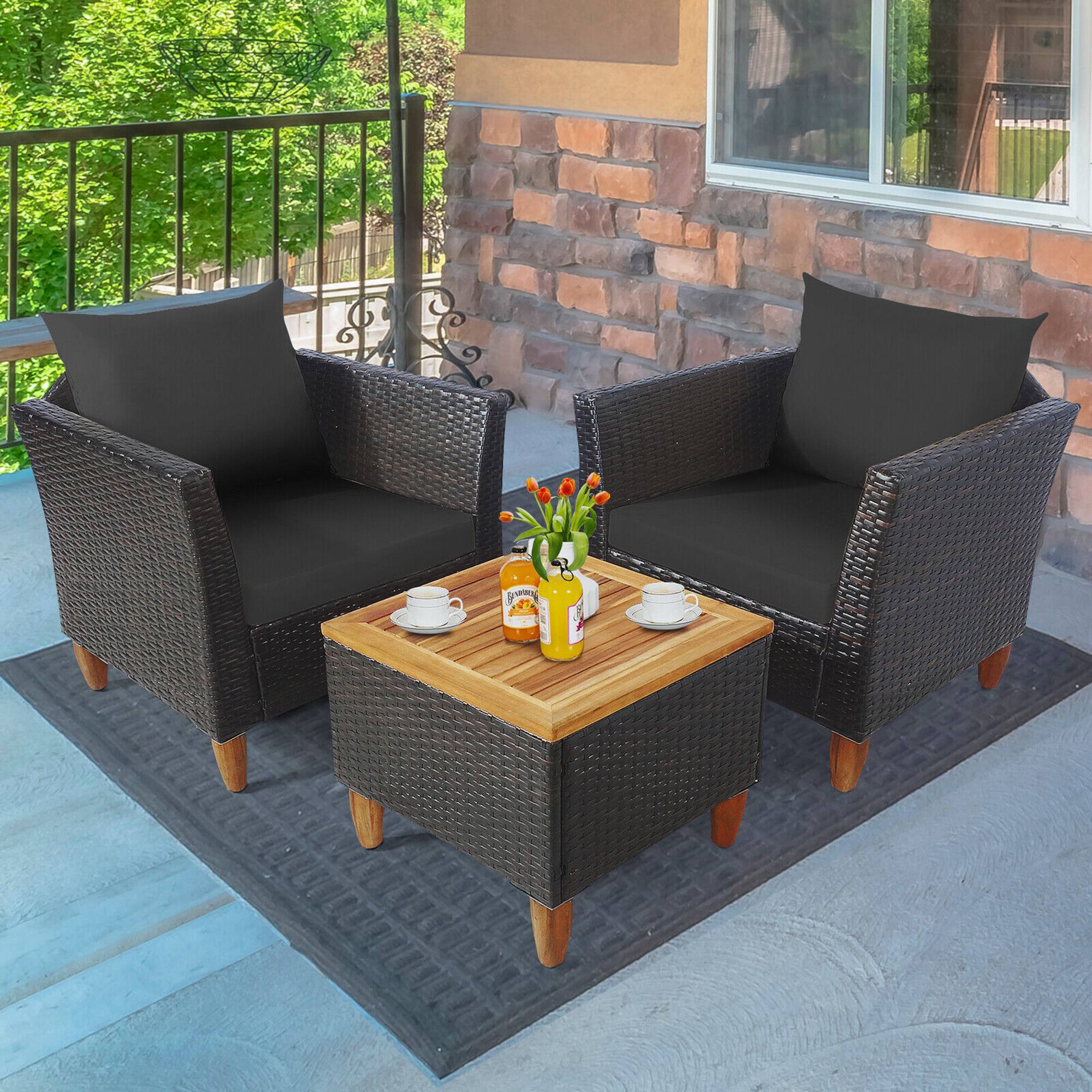Alt View 9. Gymax - Gymax 3PCS Patio Furniture Set Conversation Bistro Set w/ Acacia Wood & Cushions Black - Black.