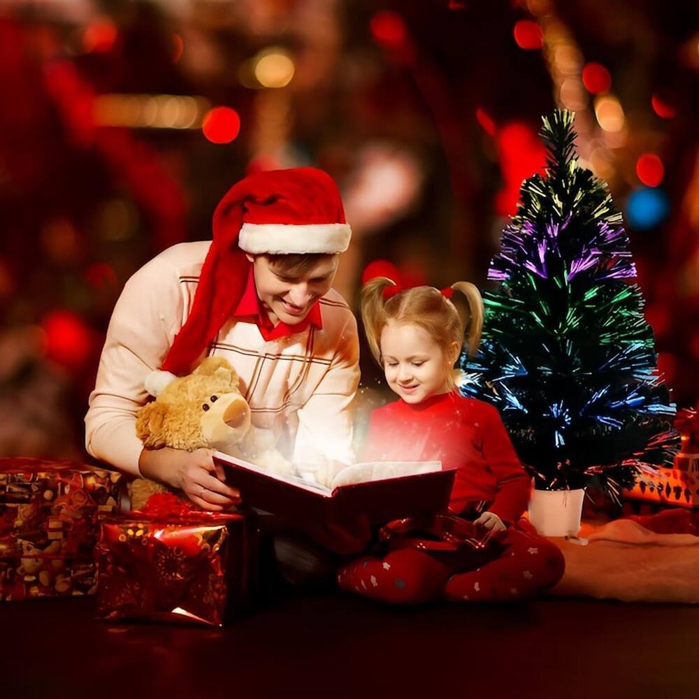 Angle. RTMB - 32" 5-Layer Fiber Optic Tabletop Christmas Tree with LED Light Show, Gold Pot, and Power Adapter - Green.