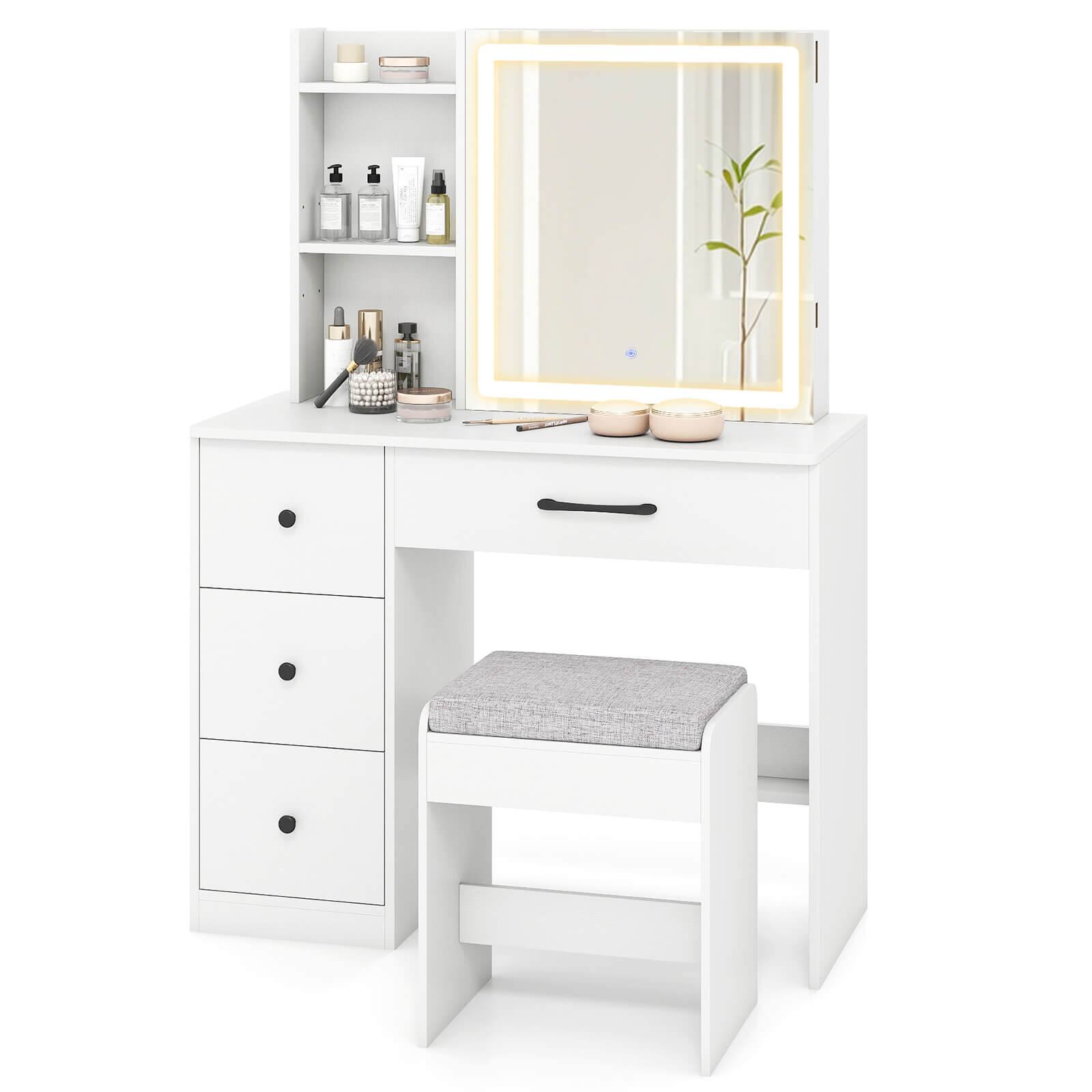 Costway - Vanity Desk with Sliding Mirror and Lights Makeup Table and Chair Set with 4 Drawers - White