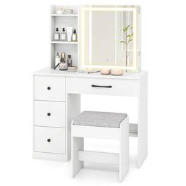 Costway - Vanity Desk with Sliding Mirror and Lights Makeup Table and Chair Set with 4 Drawers - White