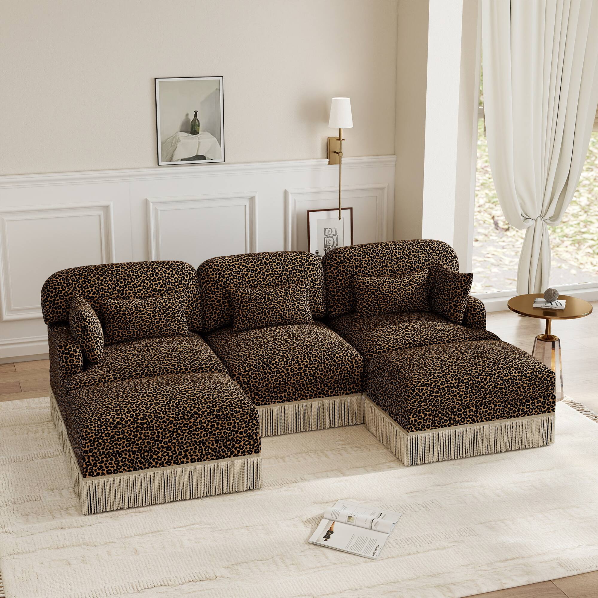 Left. Anysun - 100" U-Shaped Chenille Leopard Print Sofa with Movable Ottomans & Tassel Edge, Ergonomic Deep Seat for Living Room - Brown.