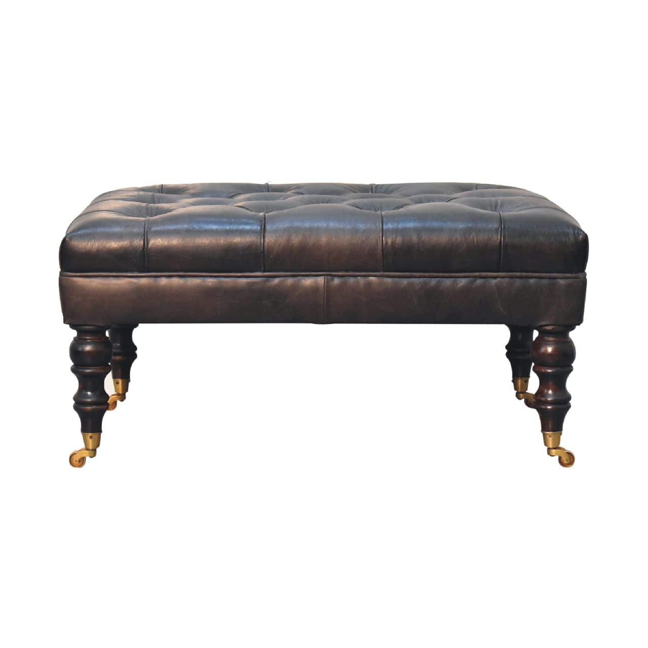 Artisan Furniture - Solid Wood Buffalo Ash Leather Ottoman with Castor Legs, Upholstered - Black