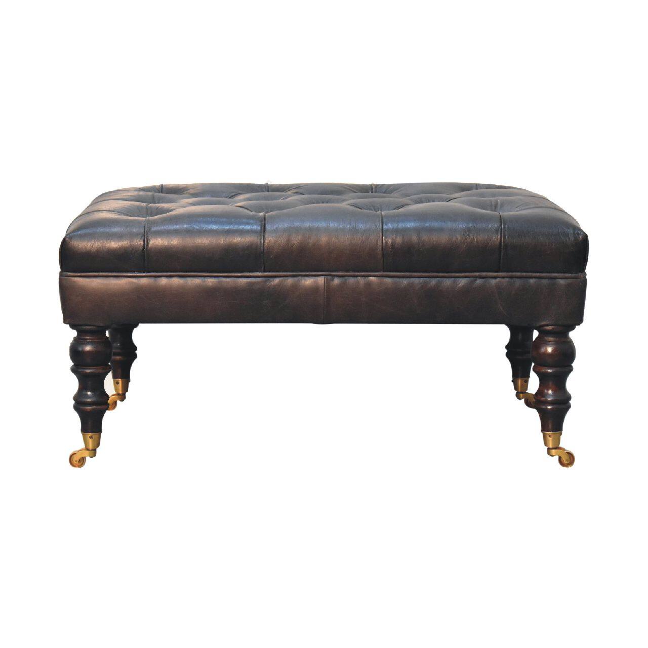 Front. Artisan Furniture - Artisan Furniture Solid Wood Buffalo Ash Black Leather Ottoman with Castor Legs, Upholstered, Black - Black.