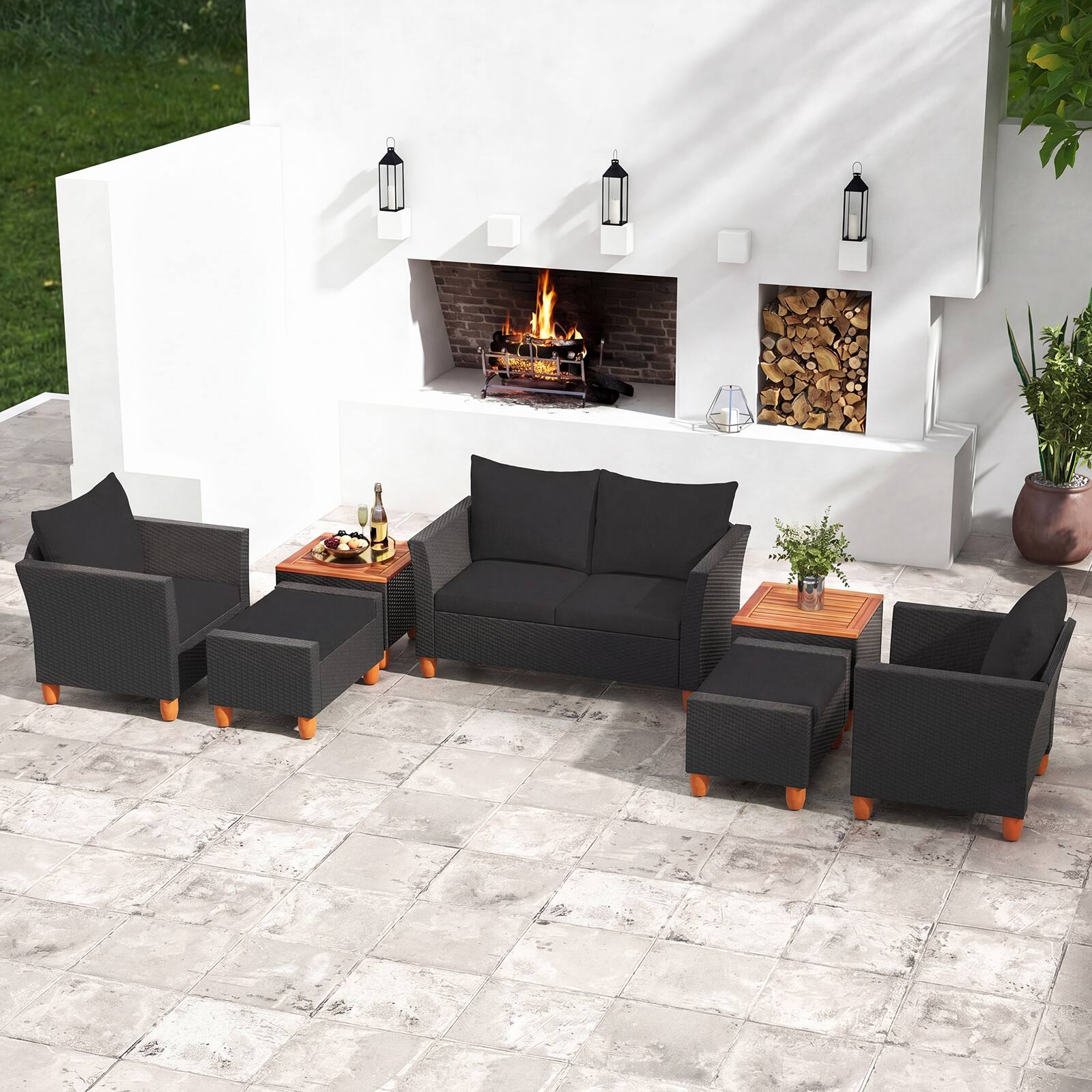 Alt View 1. Costway - Costway 7 PCS Patio Furniture Set with Loveseat Armchairs Ottomans & Storage Table - Black.