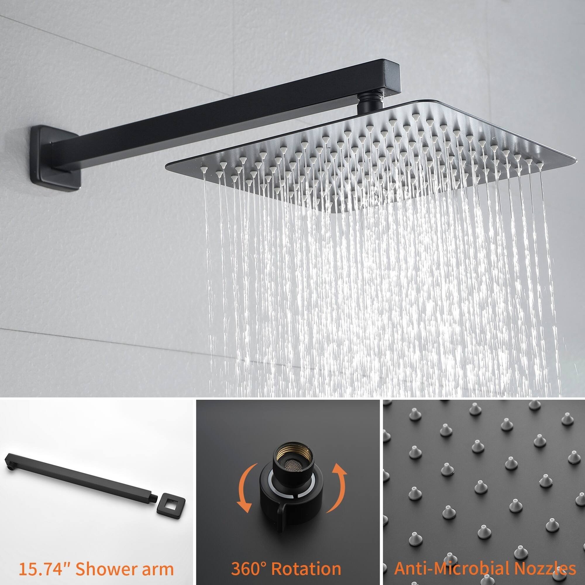 15.74" Shower arm  
360° Rotation  
Anti-Microbial Nozzles