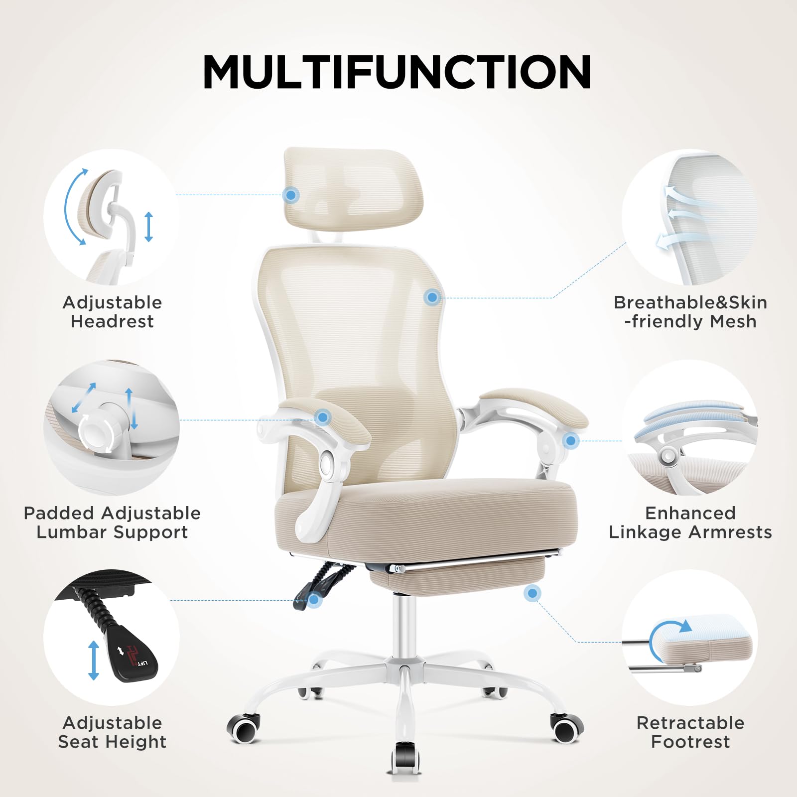 MULTIFUNCTION

- Adjustable Headrest
- Breathable & Skin-friendly Mesh
- Padded Adjustable Lumbar Support
- Enhanced Linkage Armrests
- Adjustable Seat Height
- Retractable Footrest