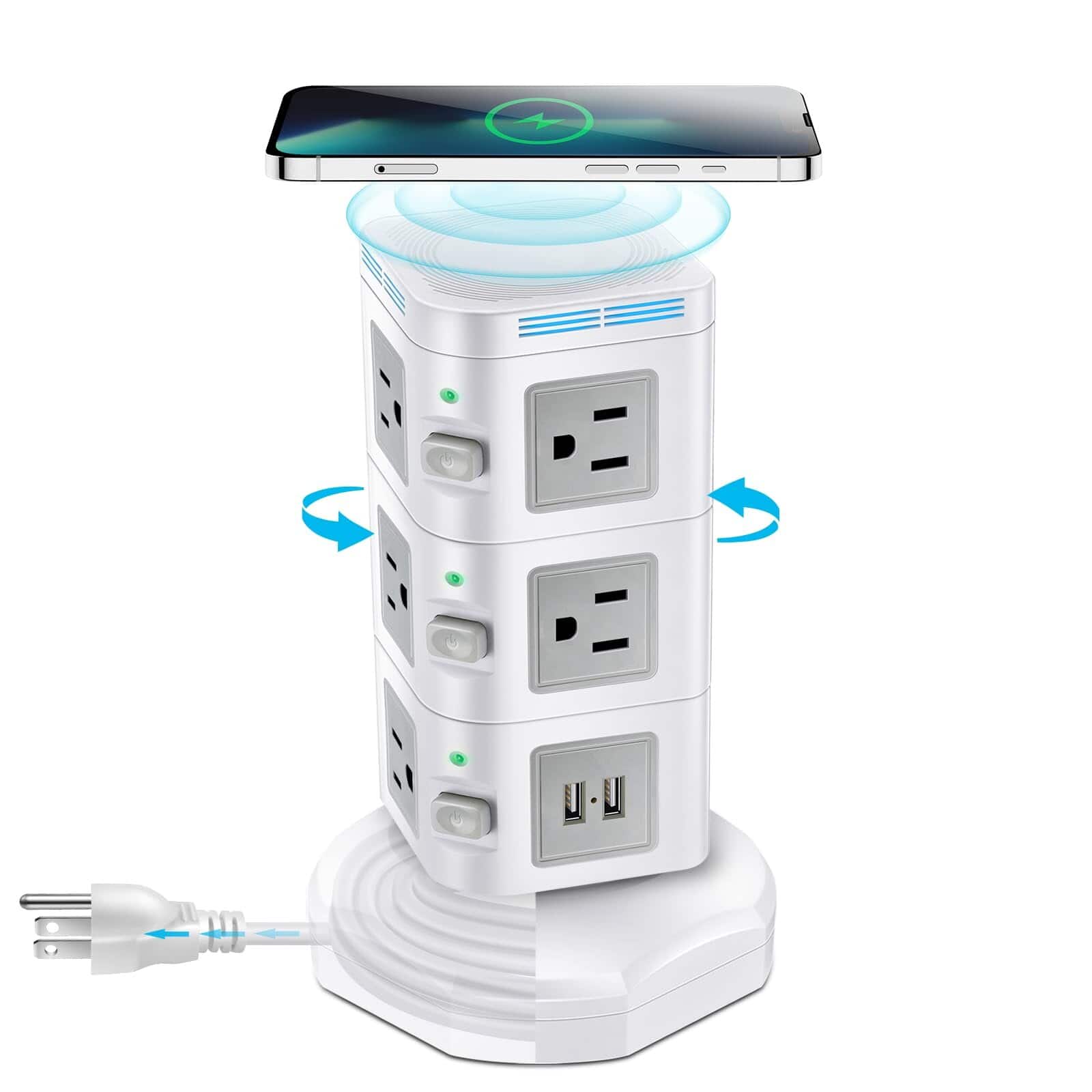 Dazzed Corner - Power Strip Tower Surge Protector with Wireless Charger, 10 Outlets & 4 USB - White