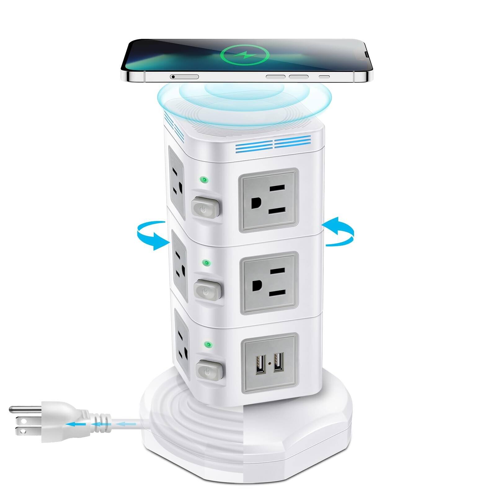 Dazzed Corner - Power Strip Tower Surge Protector with Wireless Charger, 10 Outlets & 4 USB - White