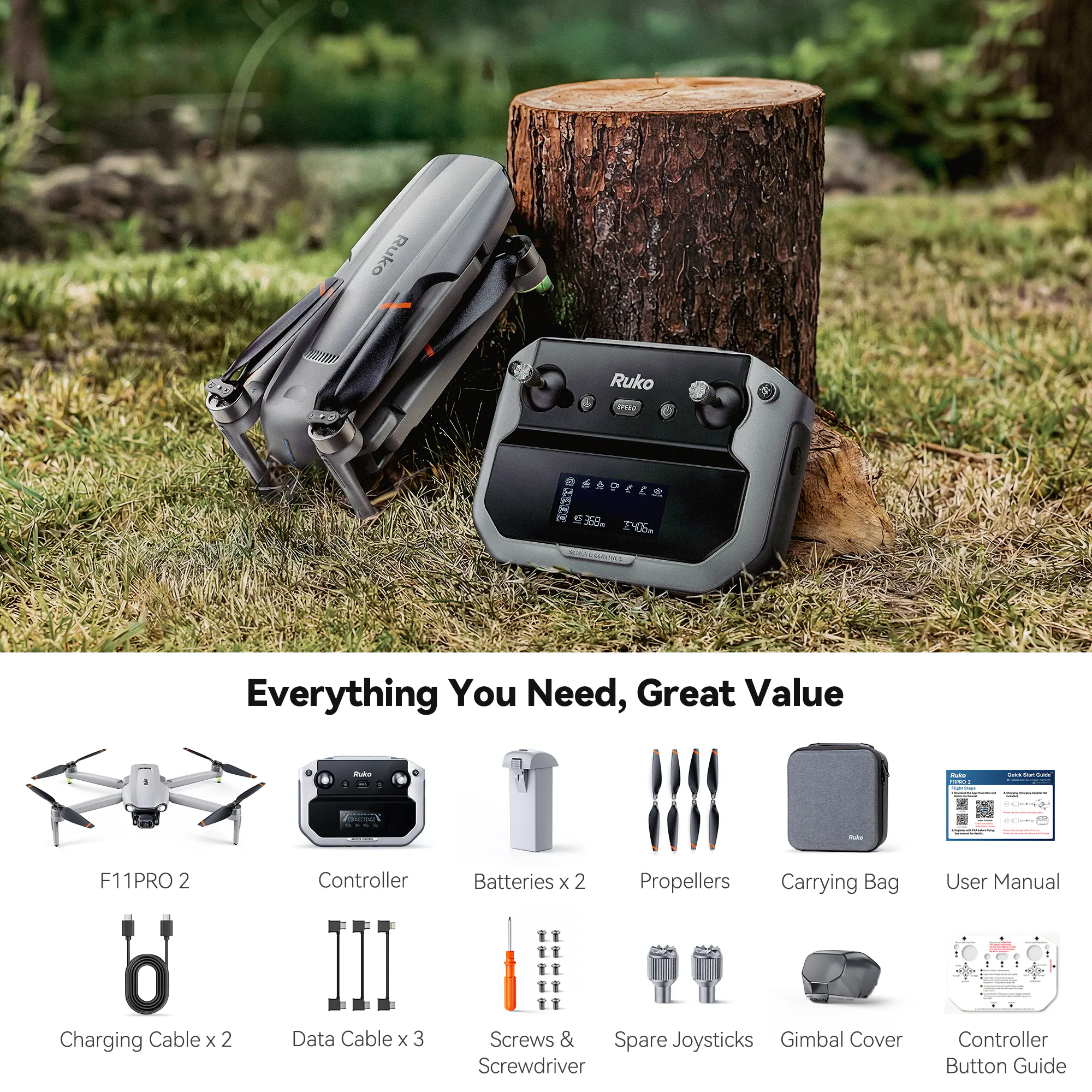 Ruko Ruko SUE SSEE 358 I0S Everything You Need, Great Value Bulo - : I - I -e F11PRO 2 Controller Batteries x 2 Propellers Carrying Bag User Manual Charging Cable x 2 Data Cable x 3 Screws & Spare Joysticks Gimbal Cover Screwdriver Controller Button Guide