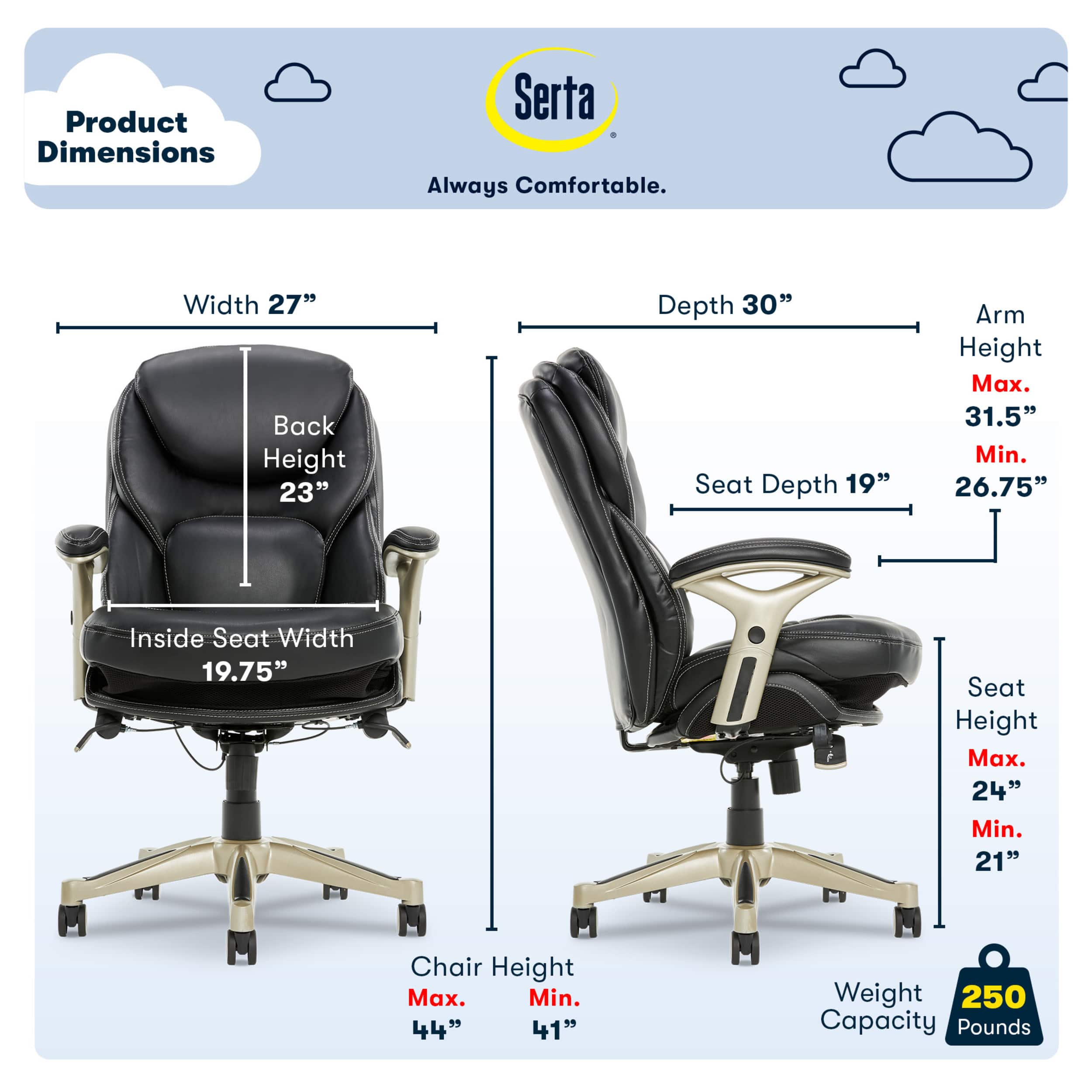 Left. Serta - Upholstered Back in Motion Health & Wellness Office Chair with Adjustable Arms - Bonded Leather - Black.