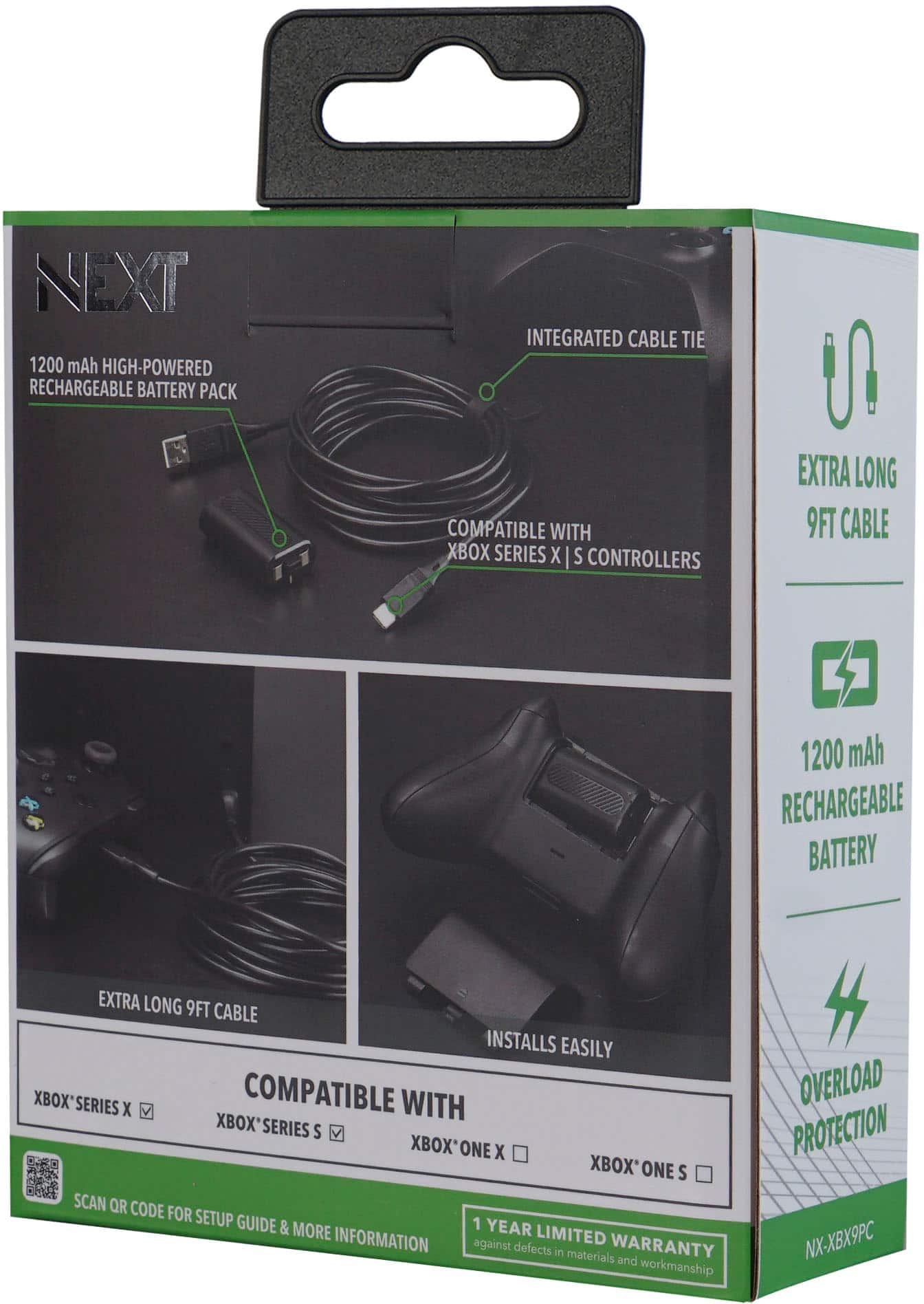 NEXT 1200 mAh High-Powered Rechargeable Battery Pack Integrated Cable Tie Compatible with Xbox Series X | S Controllers Extra Long 9FT Cable 1200 mAh Rechargeable Battery Extra Long 9FT Cable Installs Easily Xbox Series X Compatible with Xbox' Series S Xbox One X Xbox One S Scan QR Code for Setup 1 Guide & More Year Limited Warranty against Defects in Materials and Workmanship Overload Protection NX-XBX9PC