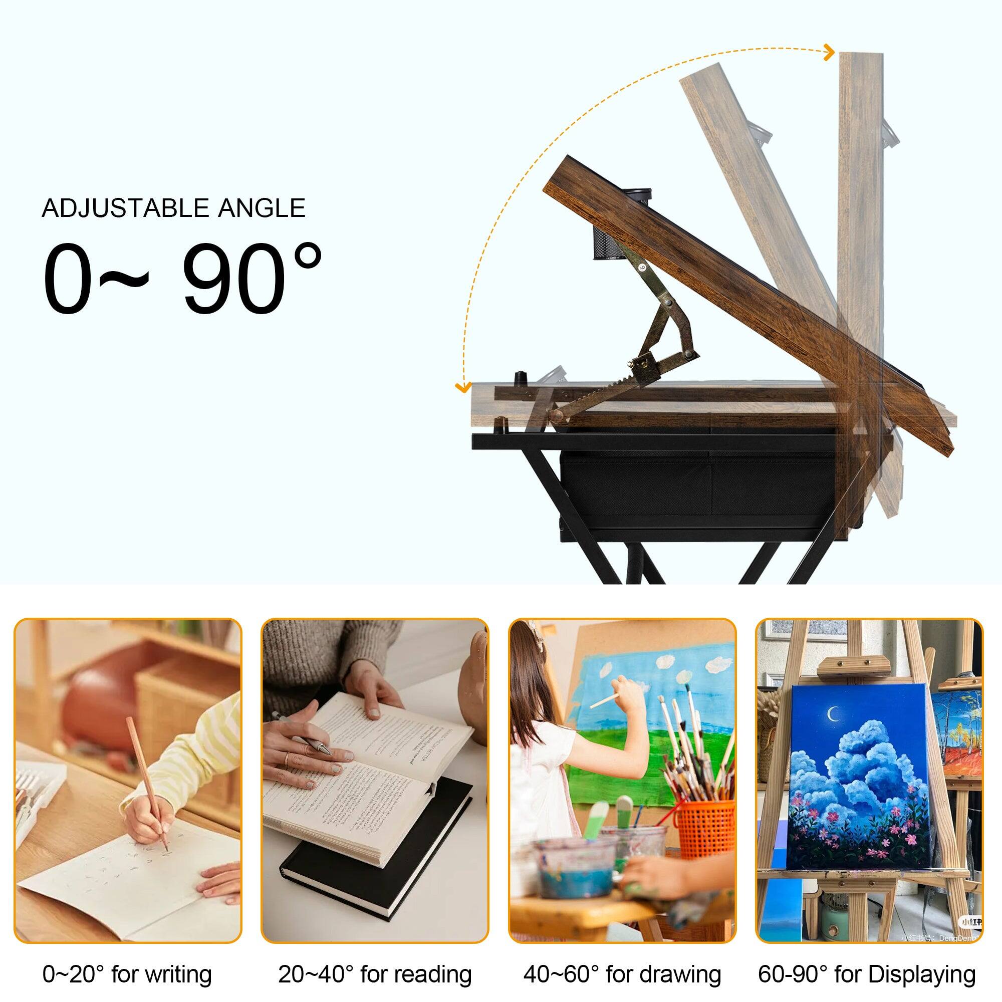 ADJUSTABLE ANGLE  
0°~90°

0°~20° for writing  
20°~40° for reading  
40°~60° for drawing  
60°~90° for Displaying