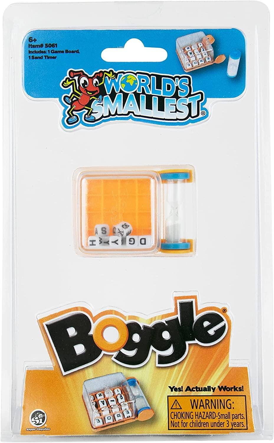 6+  
Item# 5061  
Includes: 1 Game Board, 1 Sand Timer  

WORLD'S SMALLEST  

Boggle  

Yes! Actually Works!  

WARNING: CHOKING HAZARD - Small parts. Not for children under 3 years.