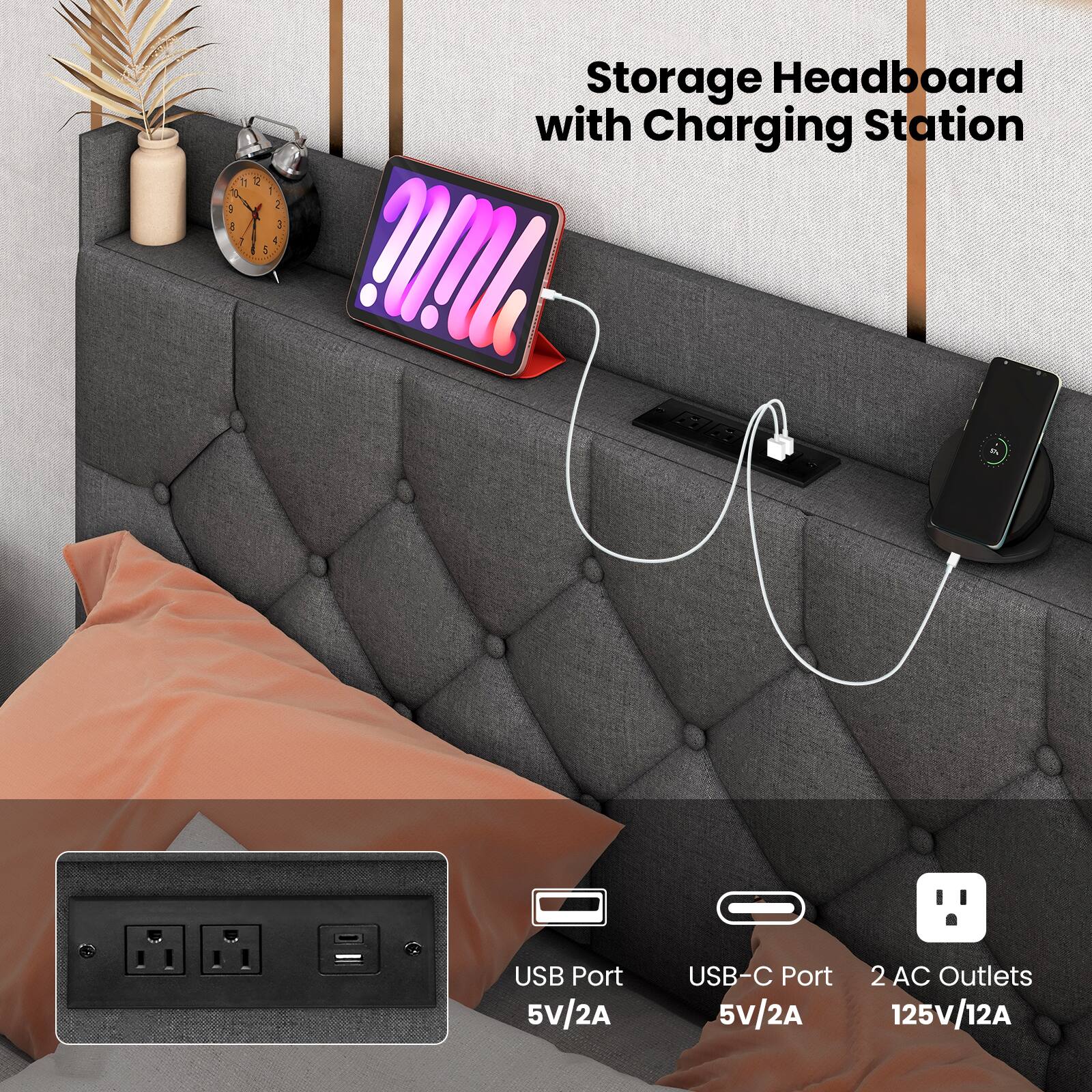Storage Headboard with Charging Station, USB Port 5V/2A, USB-C Port 5V/2A, 2 AC Outlets 125V/12A