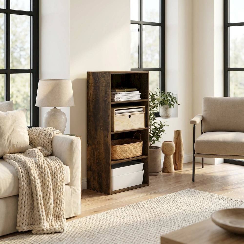 Left. FurniFact - Engineered Wood Bookcase with Open Shelving for Stylish Storage - Amber Pine.