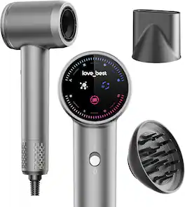 Love Best - Ionic Hair Dryer with Magnetic Diffuser, Sliding Touchscreen Quiet Blow Dryer for Women Men - Silver Gray