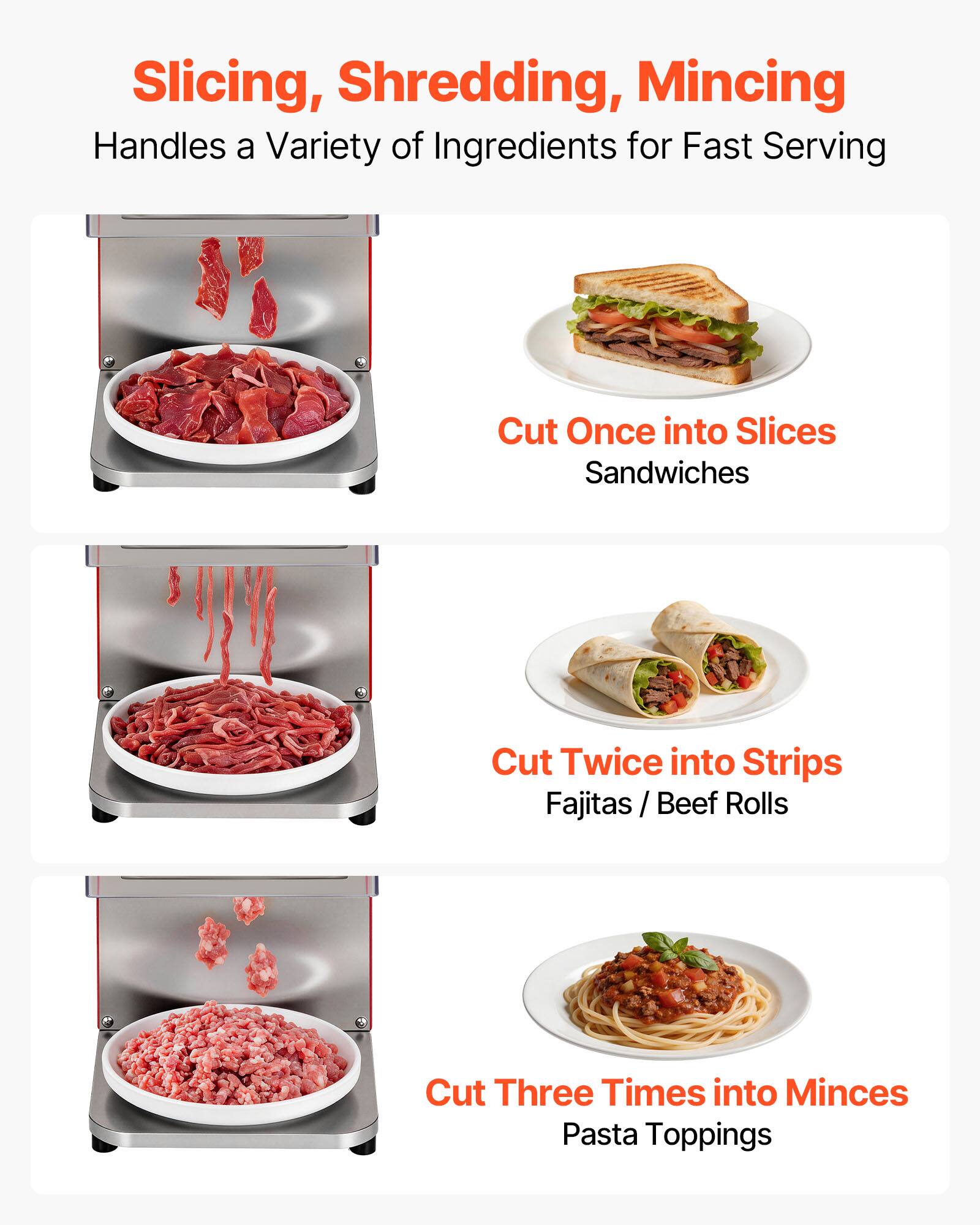 Slicing, Shredding, Mincing  
Handles a Variety of Ingredients for Fast Serving  

Cut Once into Slices  
Sandwiches  

Cut Twice into Strips  
Fajitas / Beef Rolls  

Cut Three Times into Minces  
Pasta Toppings