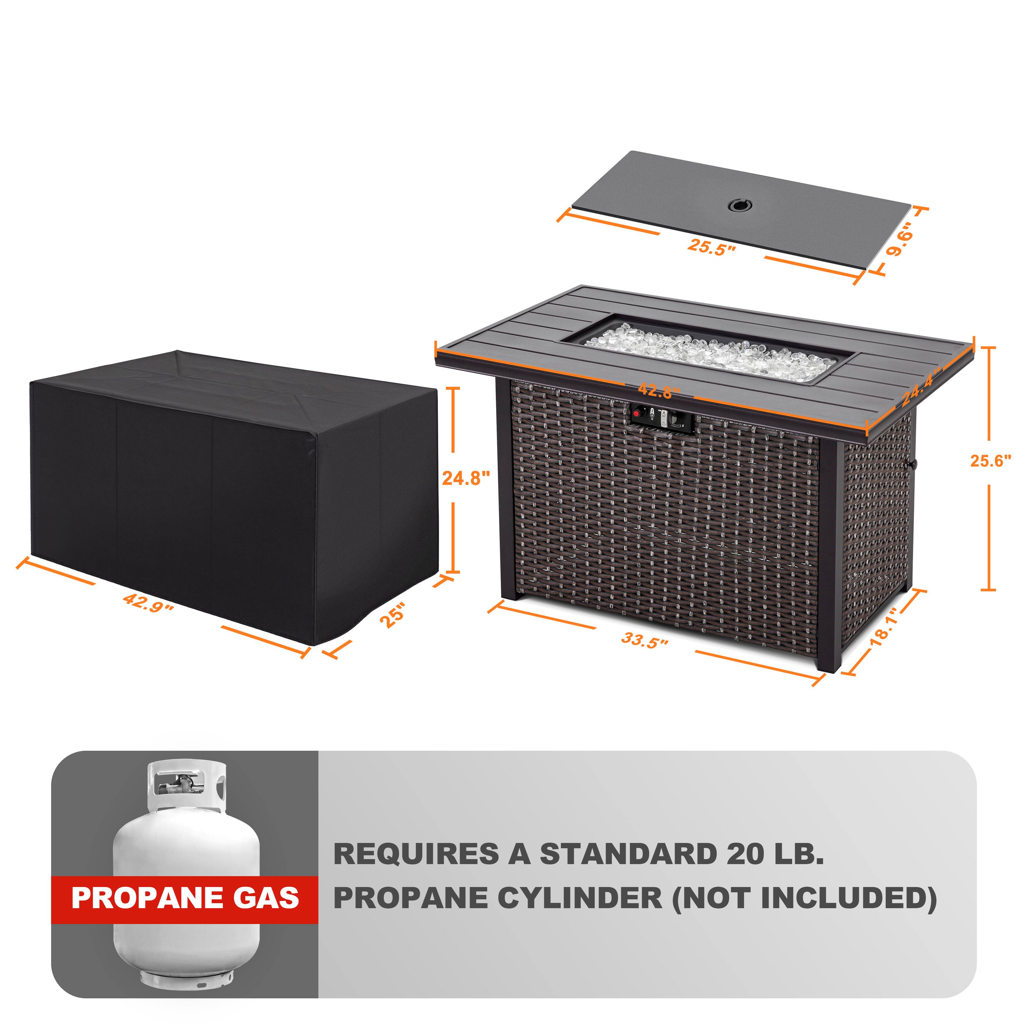 25.5" T 9.6"  
42.8" - 24.8"  
25.6" 42.9"  
25" 33.5"  
REQUIRES A STANDARD 20 LB. PROPANE GAS PROPANE CYLINDER (NOT INCLUDED)