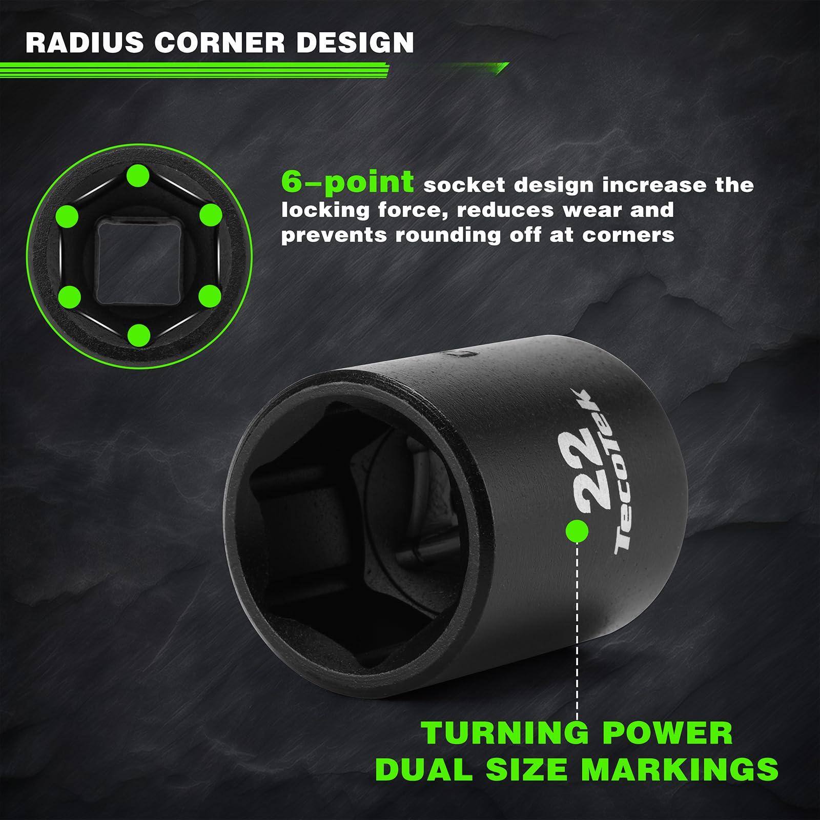 RADIUS CORNER DESIGN

6-point socket design increases the locking force, reduces wear and prevents rounding off at corners

TURNING POWER DUAL SIZE MARKINGS