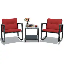 Costway - 3PCS Patio Rattan Furniture Set Rocking Chairs Cushioned Sofa - Burgundy