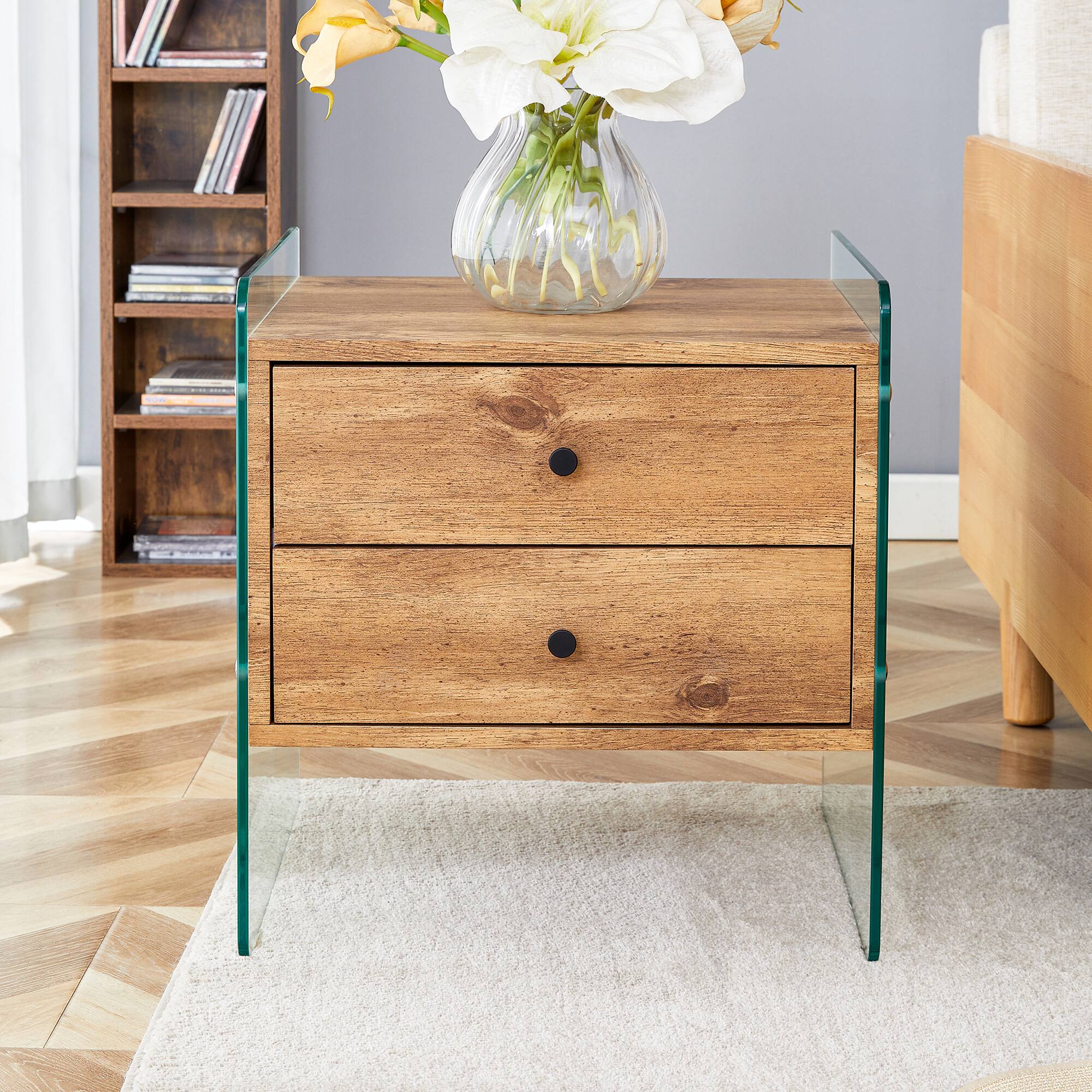Left. Tiramisubest - Modern Double-Drawer Bedside Table with MDF Top and Tempered Glass Legs - Brown.