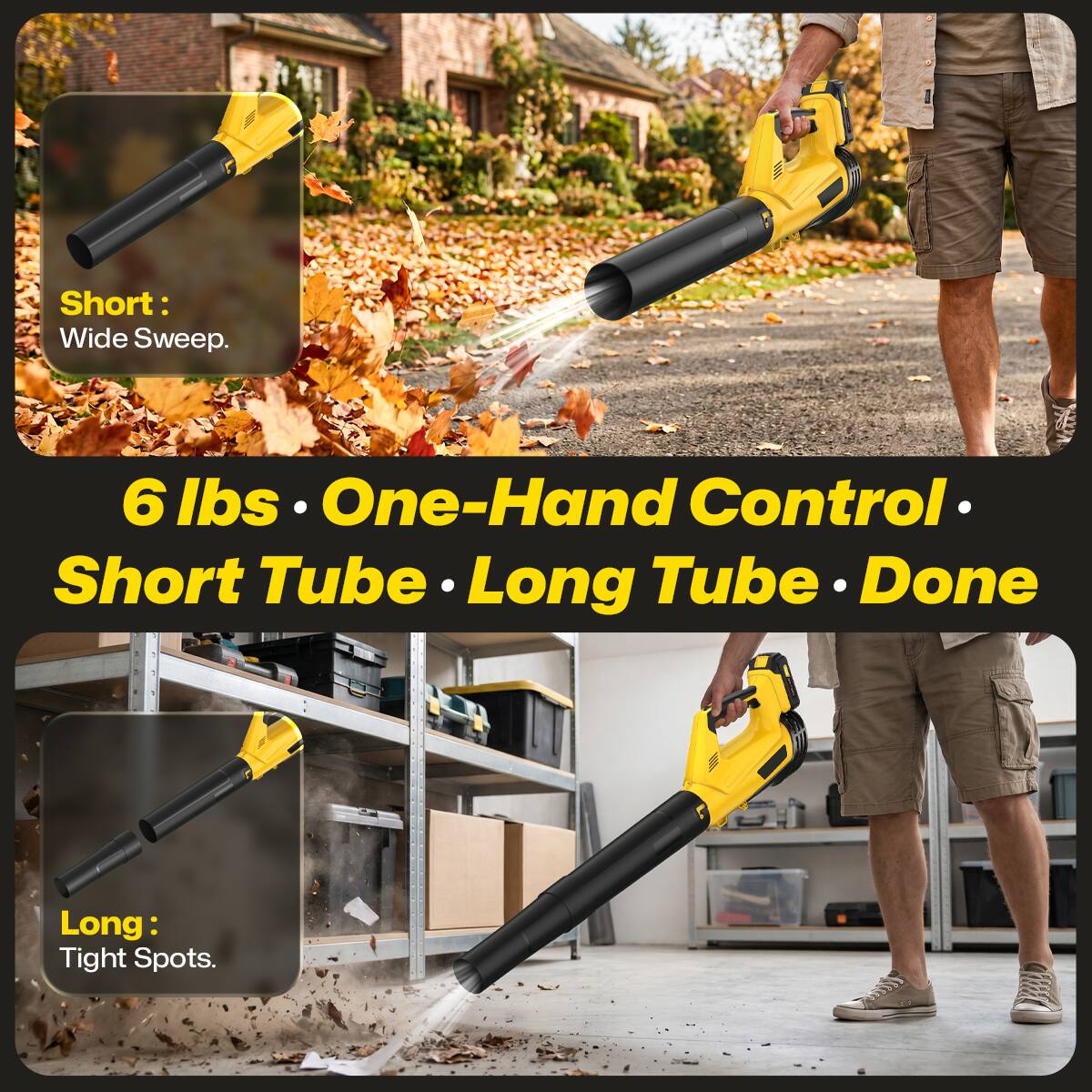 Short: Wide Sweep.  
6 lbs One-Hand Control Short Tube Long Tube Done  
Long: Tight Spots.
