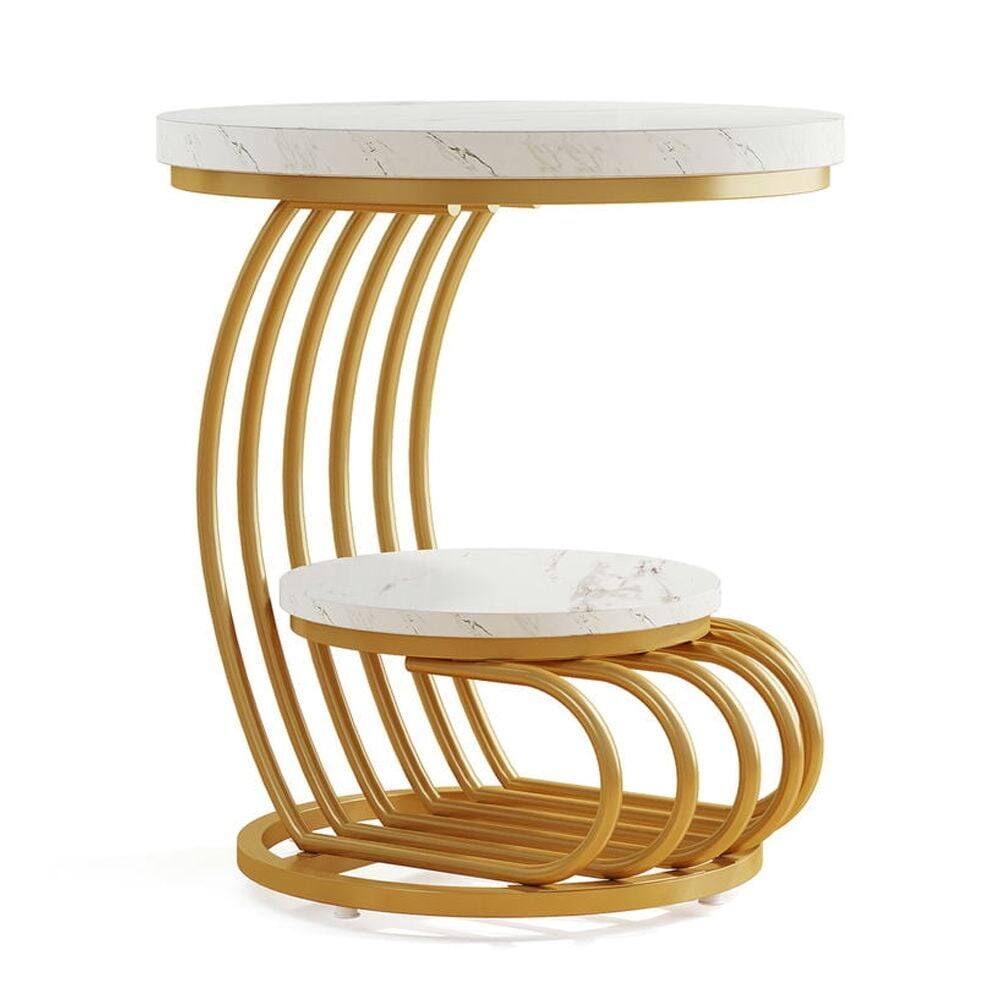 Alt View 2. Kadyn - Kadyn Sofa Side End Table, Round Couch Table, 2 Tiers Faux Marble Side Table with Storage Shelf,White & Gold - White.